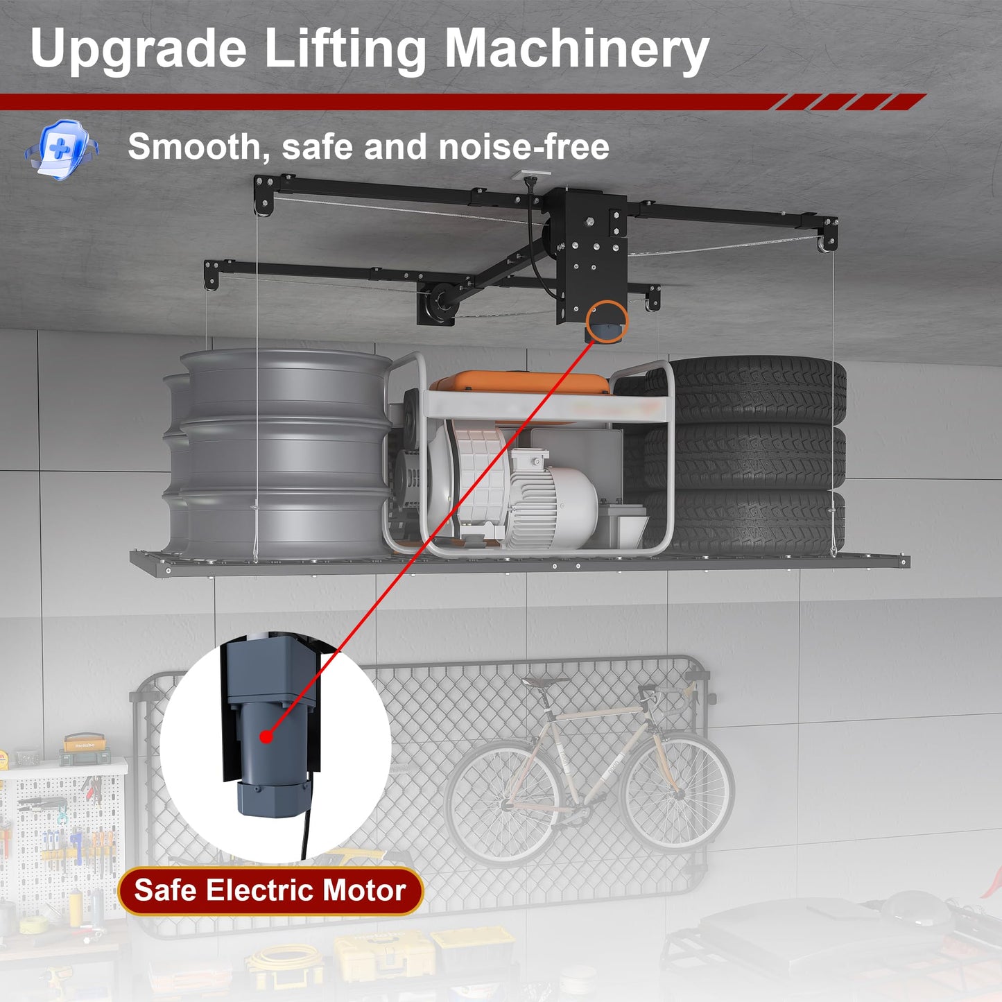 Electric Overhead Garage Storage Lift 4x8 FT, Remote Controlled Ceiling Storage Rack for 10-12 ft High Ceilings, Heavy Duty Steel Garage Organizer Storage System, 450LBS Capacity with Safety Lock