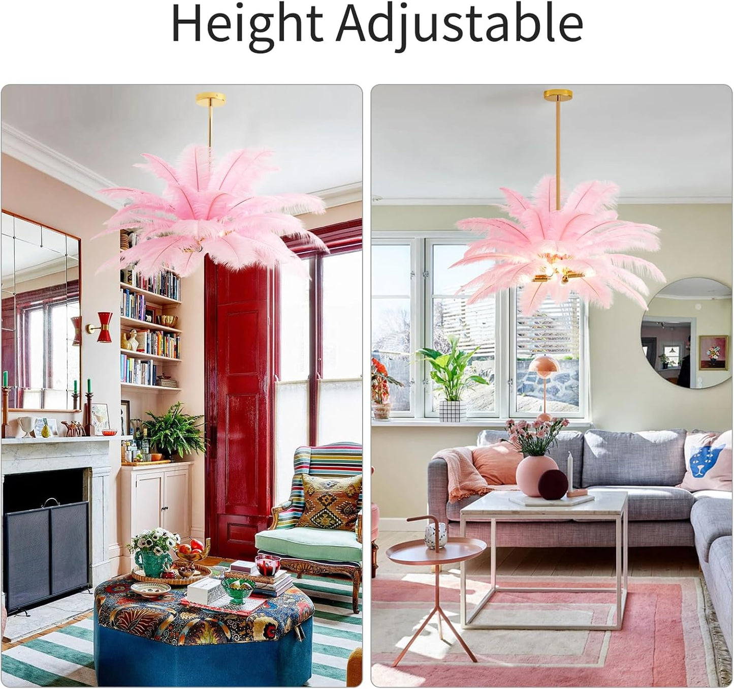 NZV Pink Feather Chandelier - Romantic Ostrich Feather Pendant Light for Girls' Room | 23.6in E14 Base