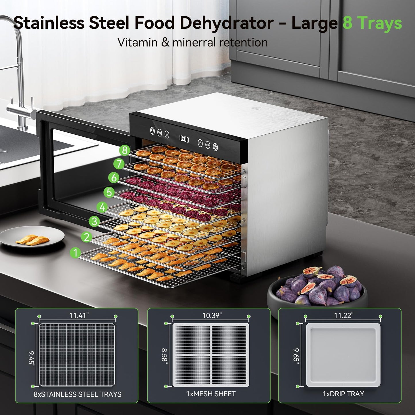 650W Food Dehydrator, 8-Tray Stainless Steel Dehydrator Machine with Adjustable Timer & Temperature, Overheat Protection, Fruit Dehydrator for Jerky, Herbs, Dog Treats, Interior Light