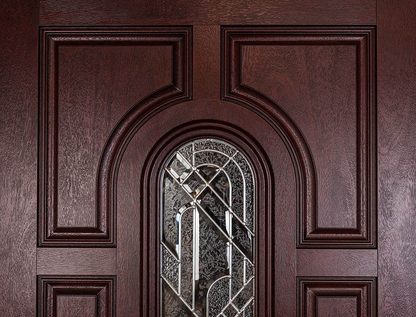 BGW Doors Mahogany Finish Fiberglass Double Front Entry Door with Brickmould and Decorative Glass, Prehung Pre-Finished Exterior Door, Left Hand Inswing, 12x30x12x80