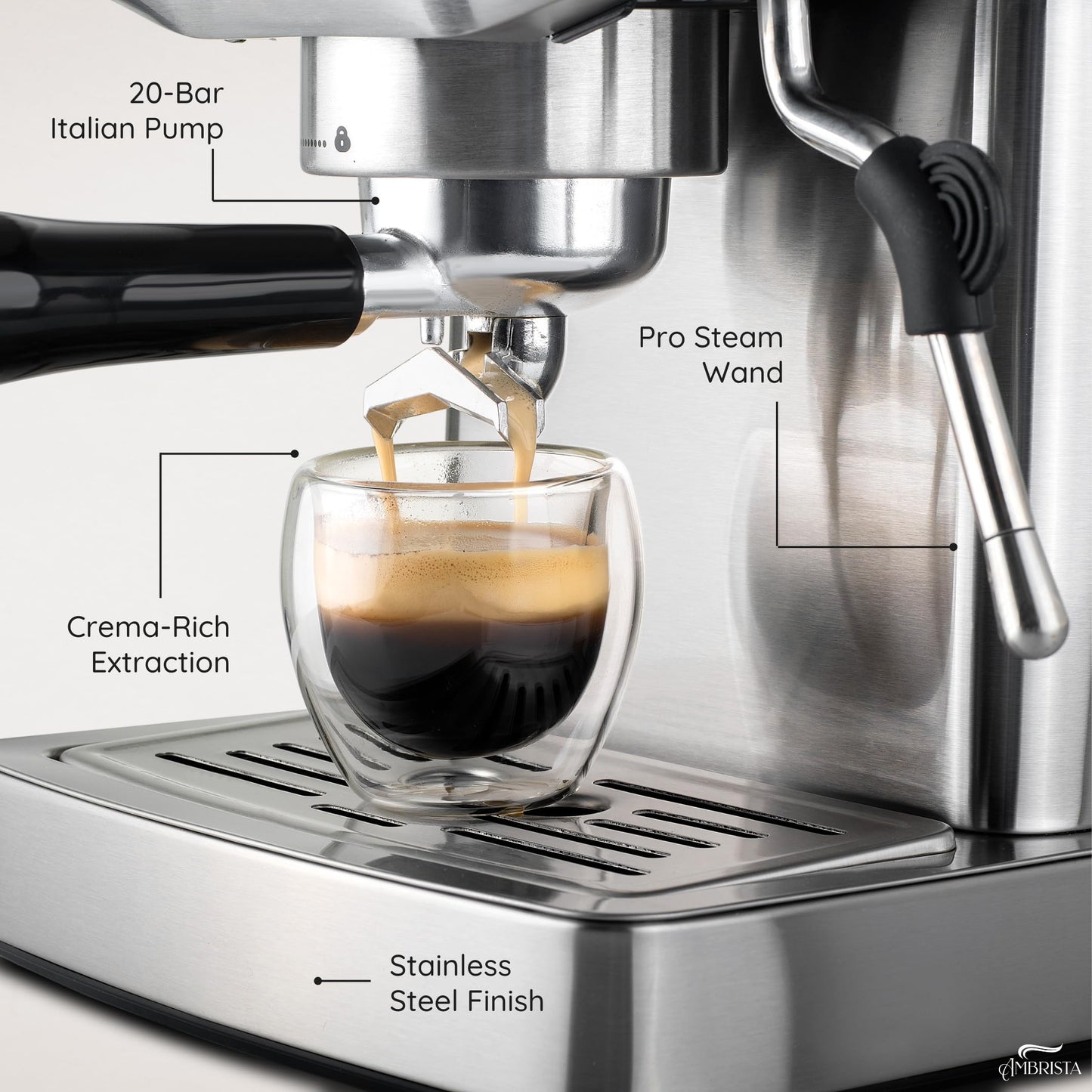 AMBRISTA Espresso Machine 20 Bar with Steam Milk Frother | Stainless Steel Espresso Maker with Customizable Brewing Temperature | 60oz Removable Water Tank | Perfect for Cappuccinos, Lattes and More