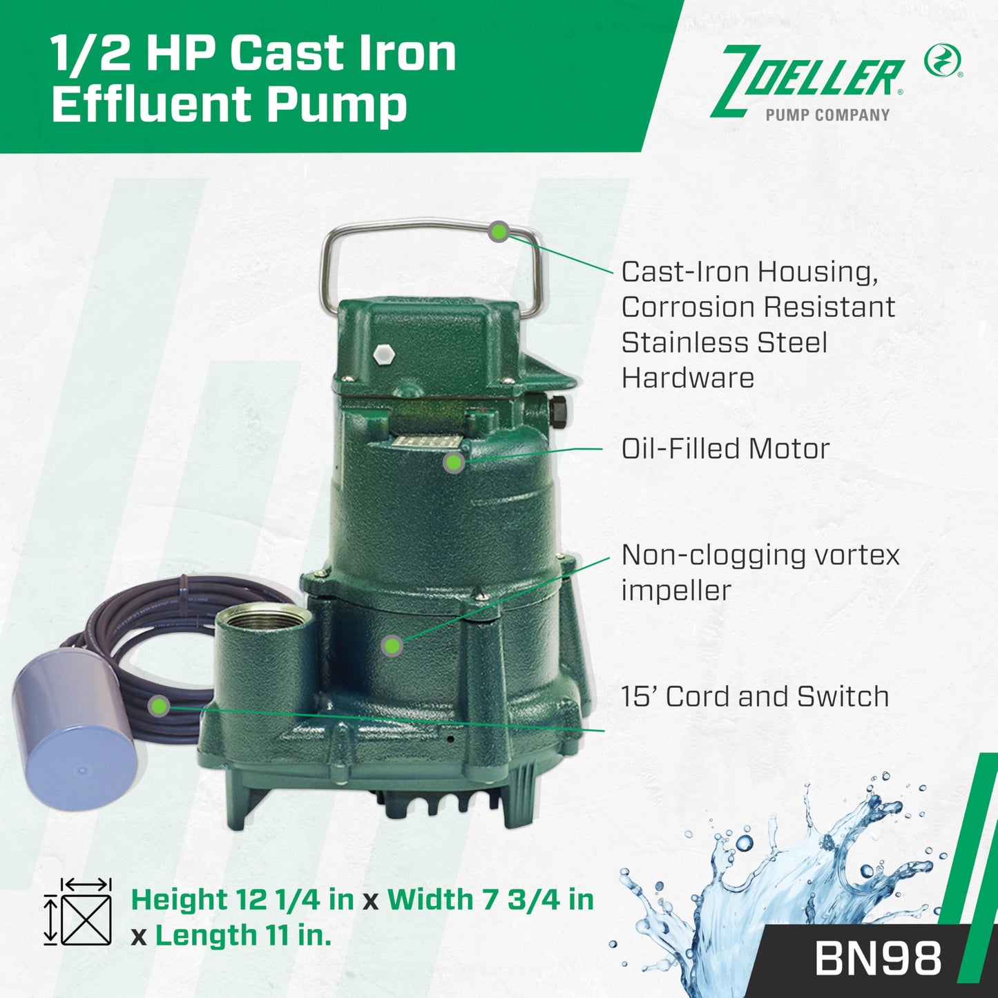 Zoeller BN98 Effluent Pump - ½ HP - Nonautomatic with Piggyback Float Switch- High Flow - Vortex Impeller - Factory Tested - Septic and Basement Sump Pump - 115V