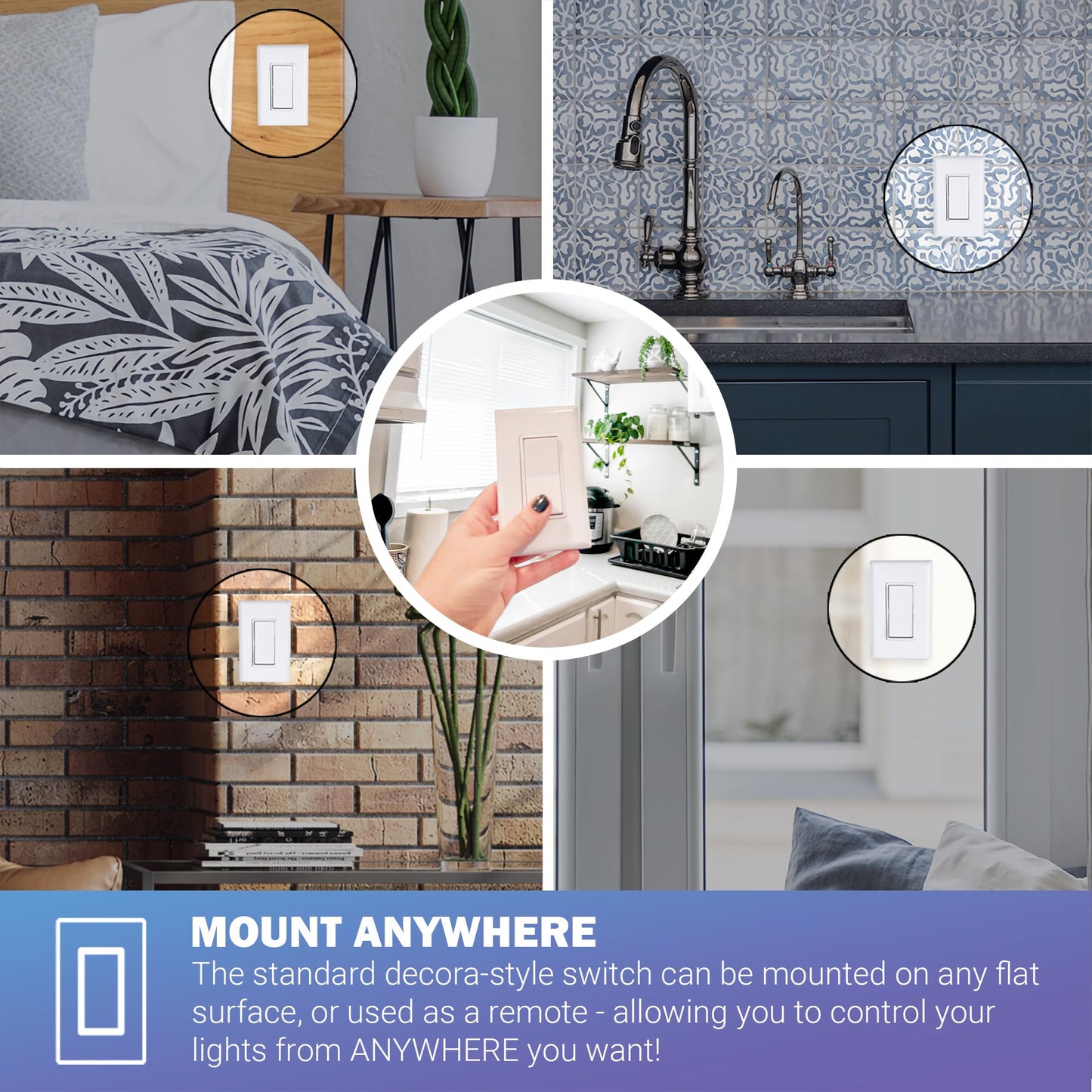 RunLessWire Battery-Free 3-Way Dimming Wireless Light Switch Kit for DIY Electrical Home 150ft Range 2 Remote Switches & 1 120VAC Dimmer Receiver – White