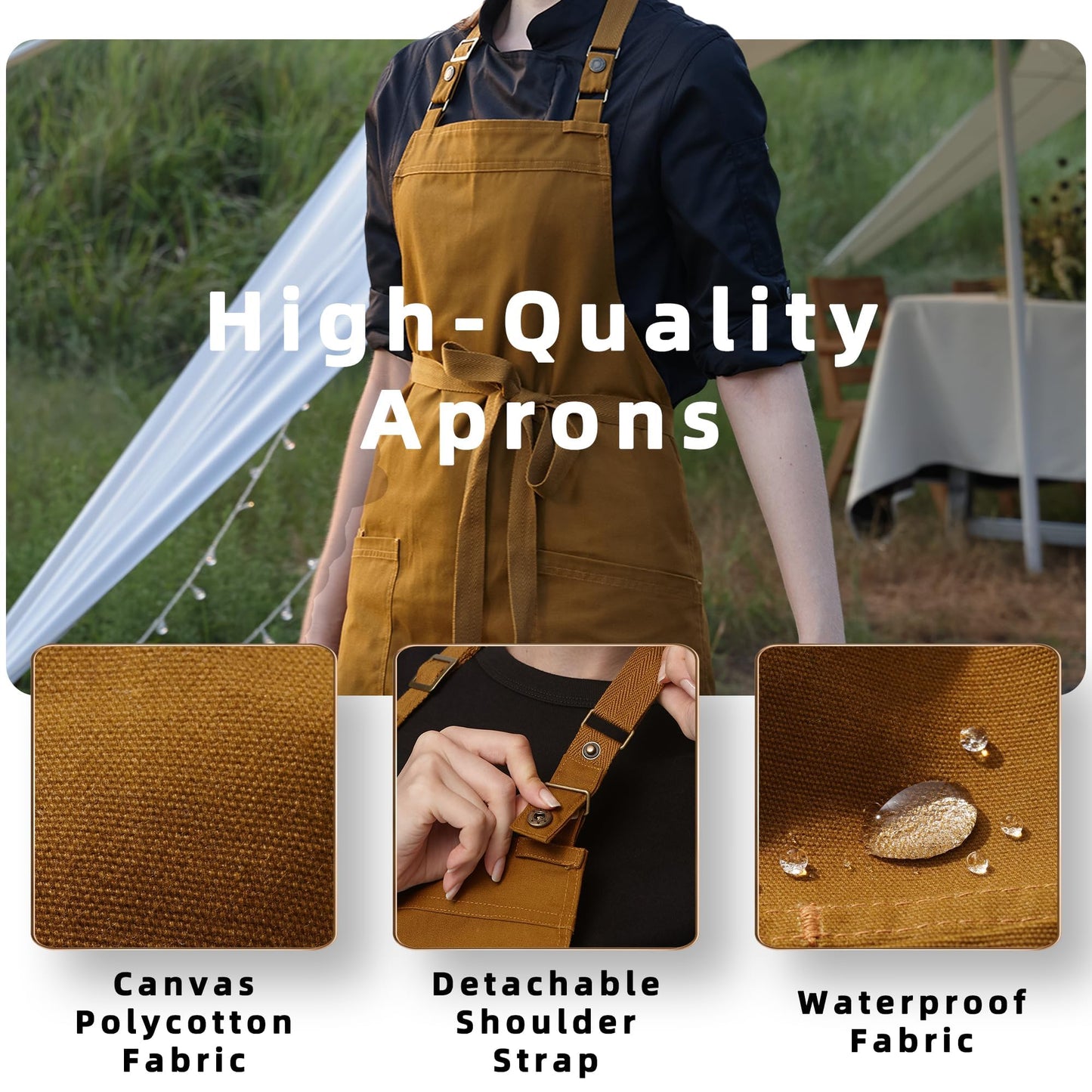 Guolamy Chef Aprons for Men Women with Large Pockets Canvas Apron Waterproof Professional with 2 Pockets 4251GB (Ginger, 1 Pack)