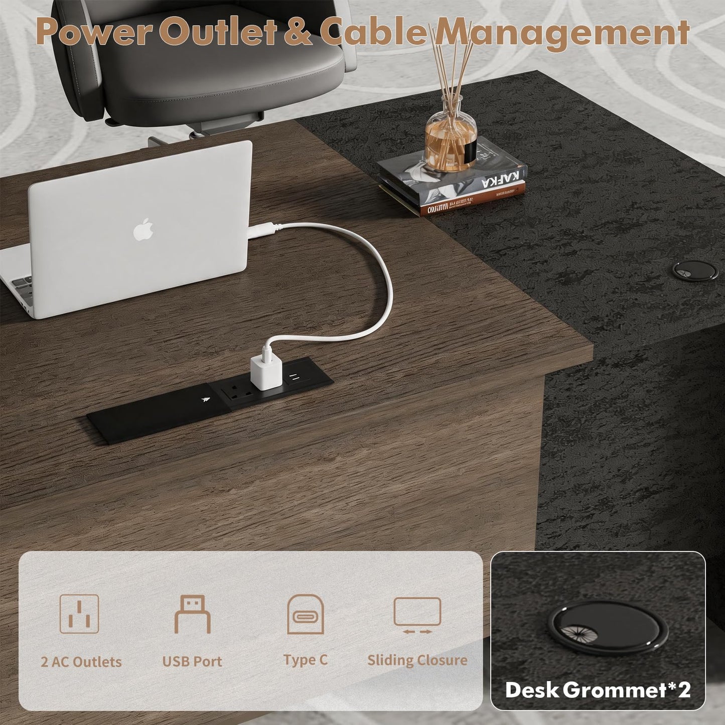 SAINTCY Executive Office Desk with Mobile File Cabinet, L Shaped Desk with Power Outlet & Drawers, Modern Wood Office Desk for Home Office, Studio & Business Workspace (Dark Walnut, 78.75" W)