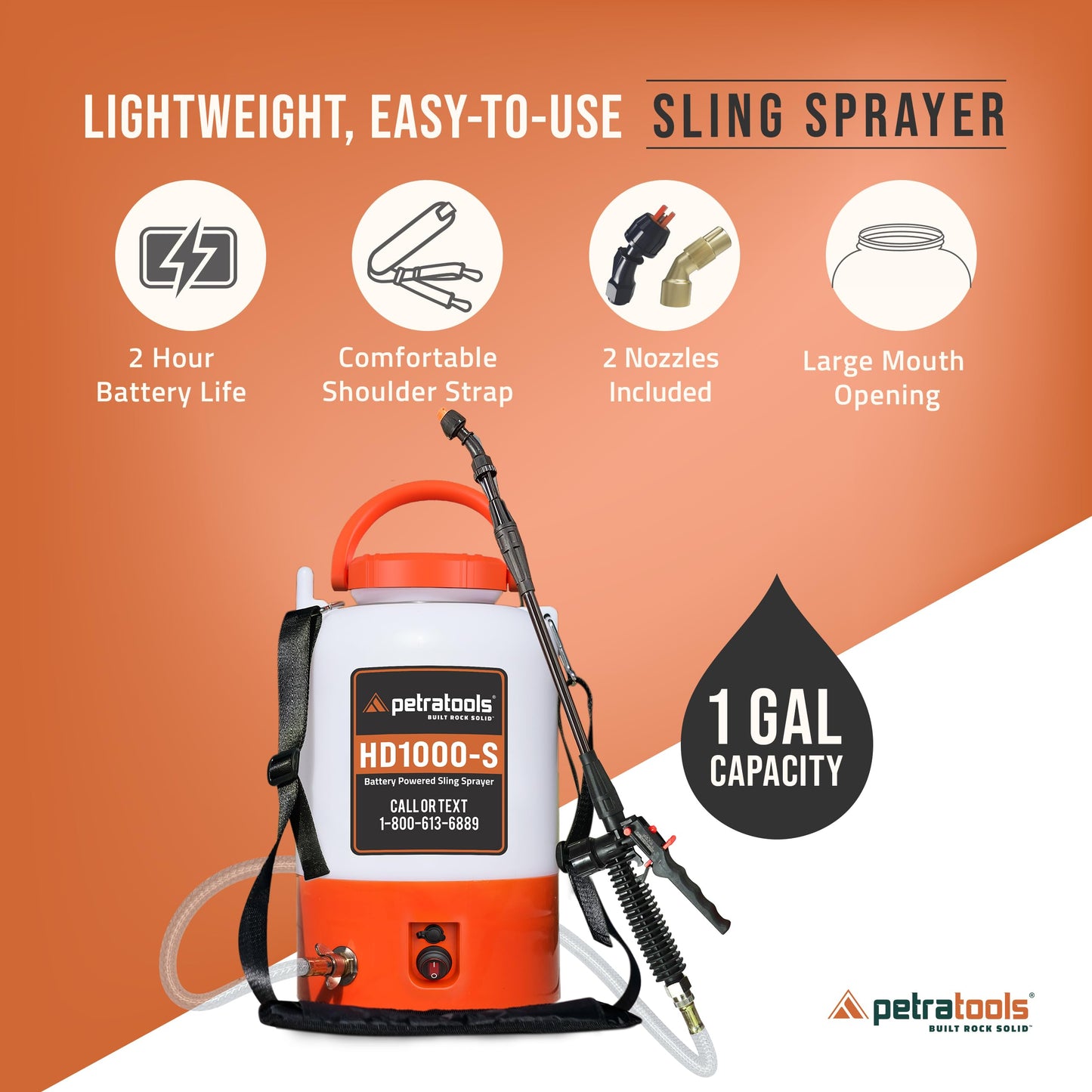 PetraTools Battery Powered Sprayer 1 Gallon - HD1000-S - Heavy Duty Electric Sprayer for Lawn and Garden Weed/Pest Control, Watering - with Battery, Charger & 2 Nozzles (1 Gallon)