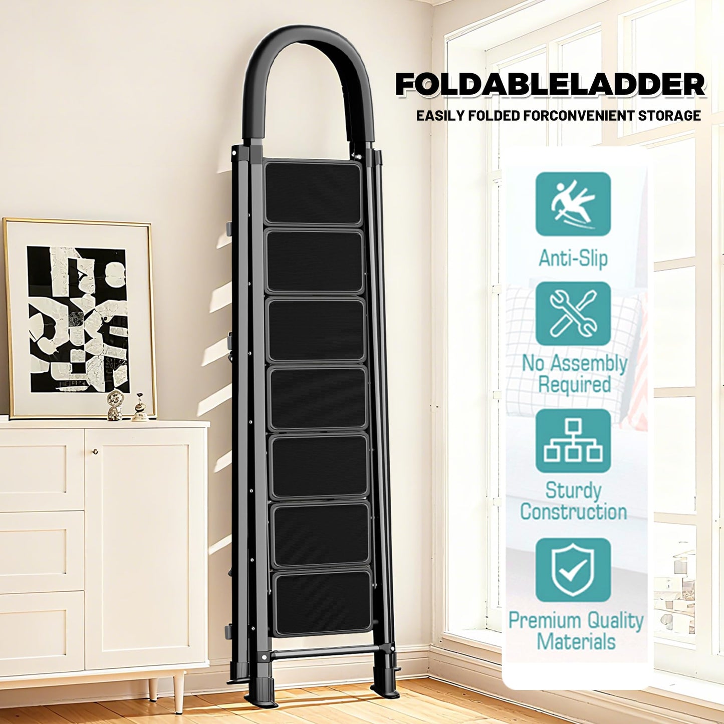 9 Step Folding Ladder,Portable Sturdy Carbon Steel Ladder for Home & Kitchen Use,Heavy - Duty Step Stool with Anti - Slip Pedal and Handrails,Black