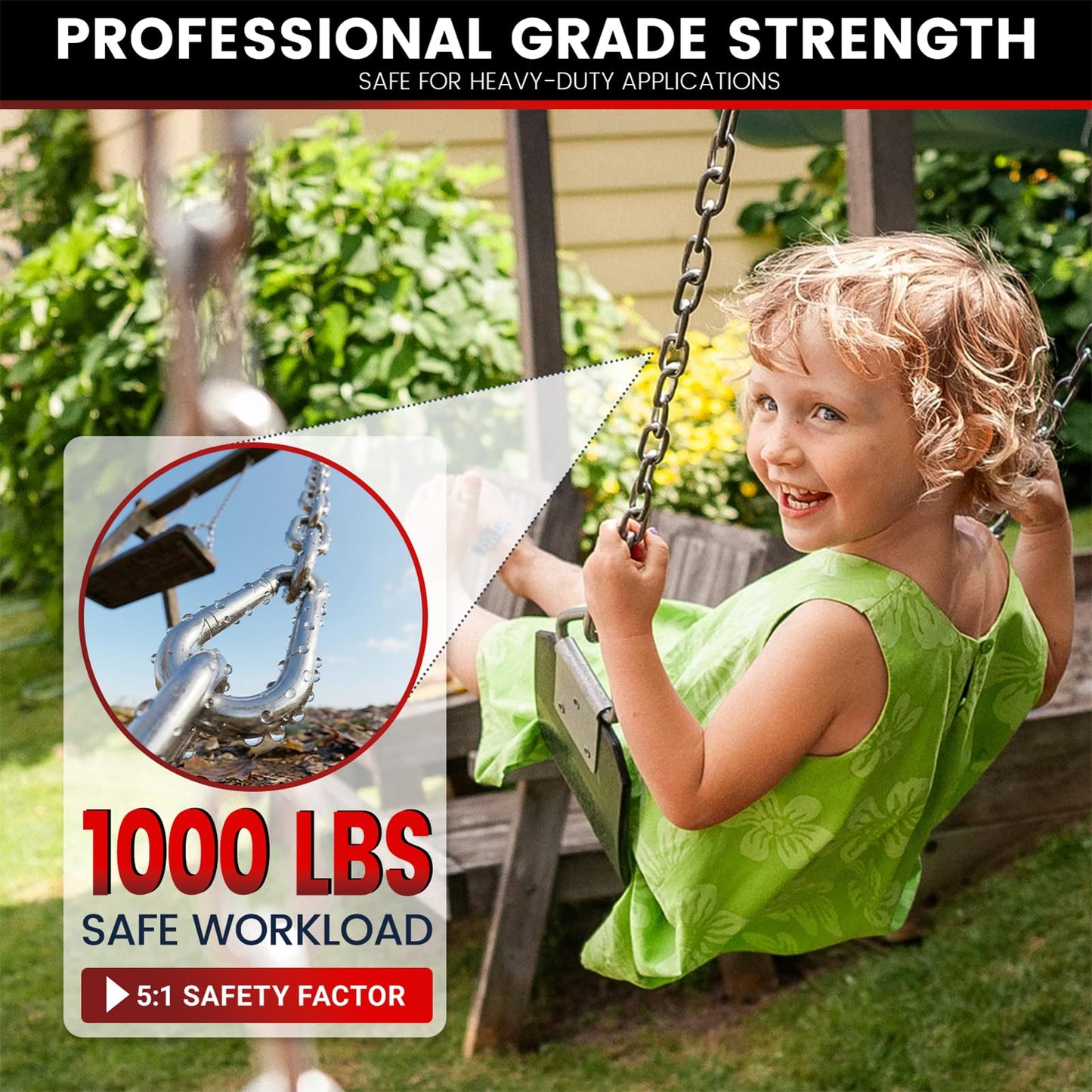 sprookber 1000LB Heavy Duty Hanging Swing Chain, 6mm Thick 304 Stainless Steel Hanging Chain with 2 Carabiners, 25" Hardware Kit for Hammock, Hanging Chair, Punching Bags, Tree, Indoor & Outdoor