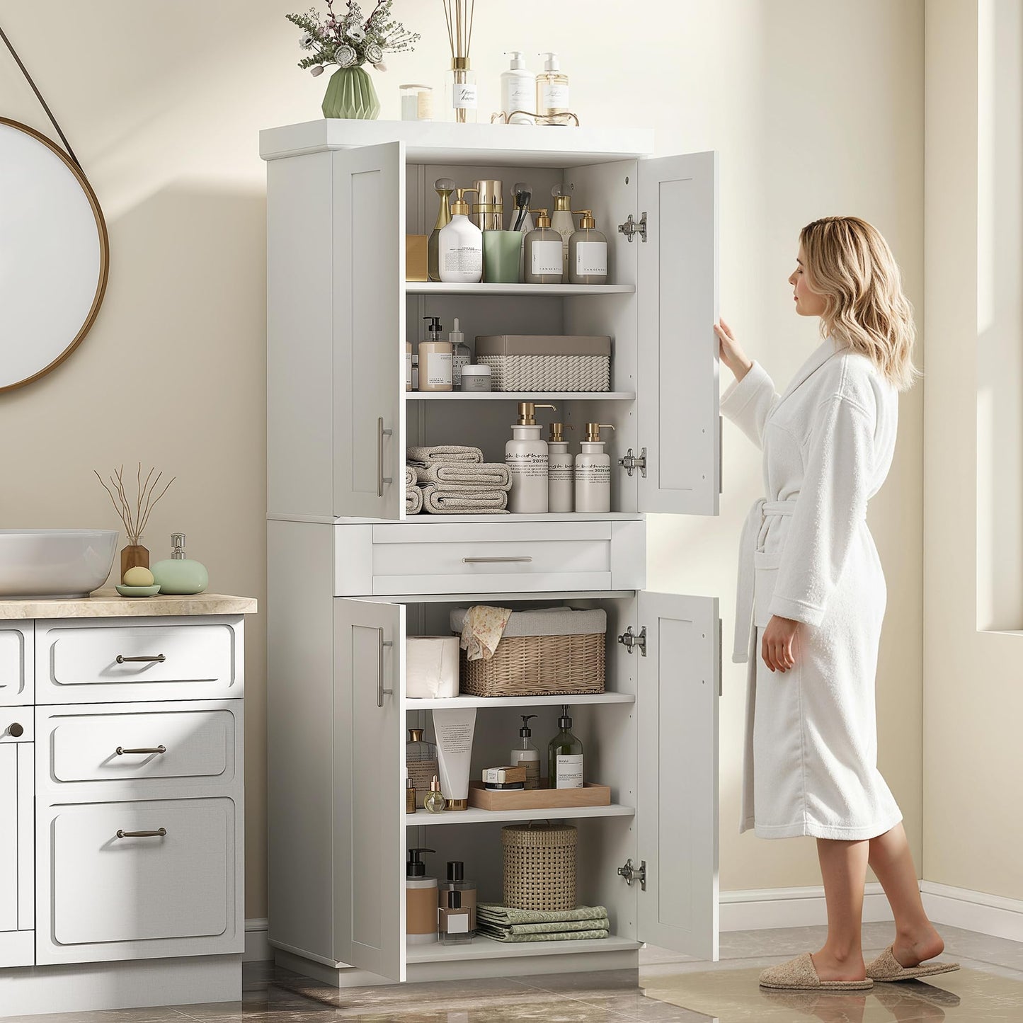 HOMCOM 72" Kitchen Pantry Cabinet, Freestanding Tall Storage Cabinet with 4 Doors, Drawer and 3 Adjustable Shelves for Dining Room, White