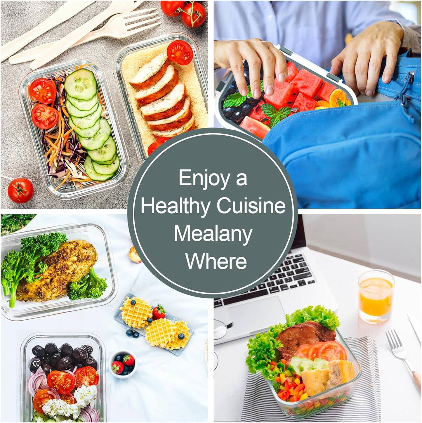 VERONES Glass Meal Prep Containers - 10 Pack Airtight Storage Set with Lids | BPA-Free, Stackable, Microwave & Oven Safe, Grey