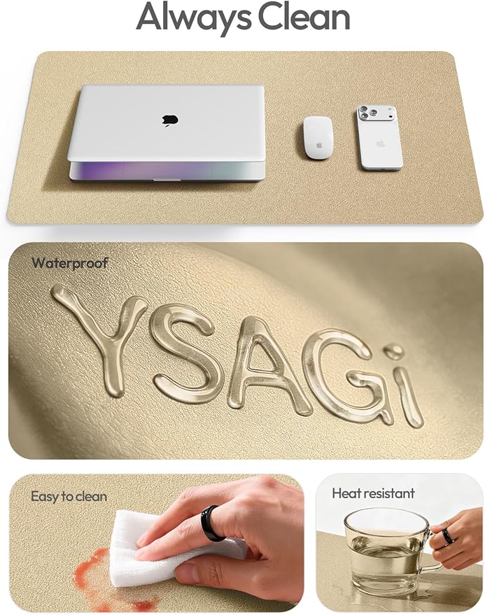 YSAGi Leather Desk Pad Protector, Office Desk Mat, Large Mouse Pad, Non-Slip PU Leather Desk Blotter, Laptop Desk Pad, Waterproof Desk Writing Pad for Office and Home (Gold,47.2" x 23.6")