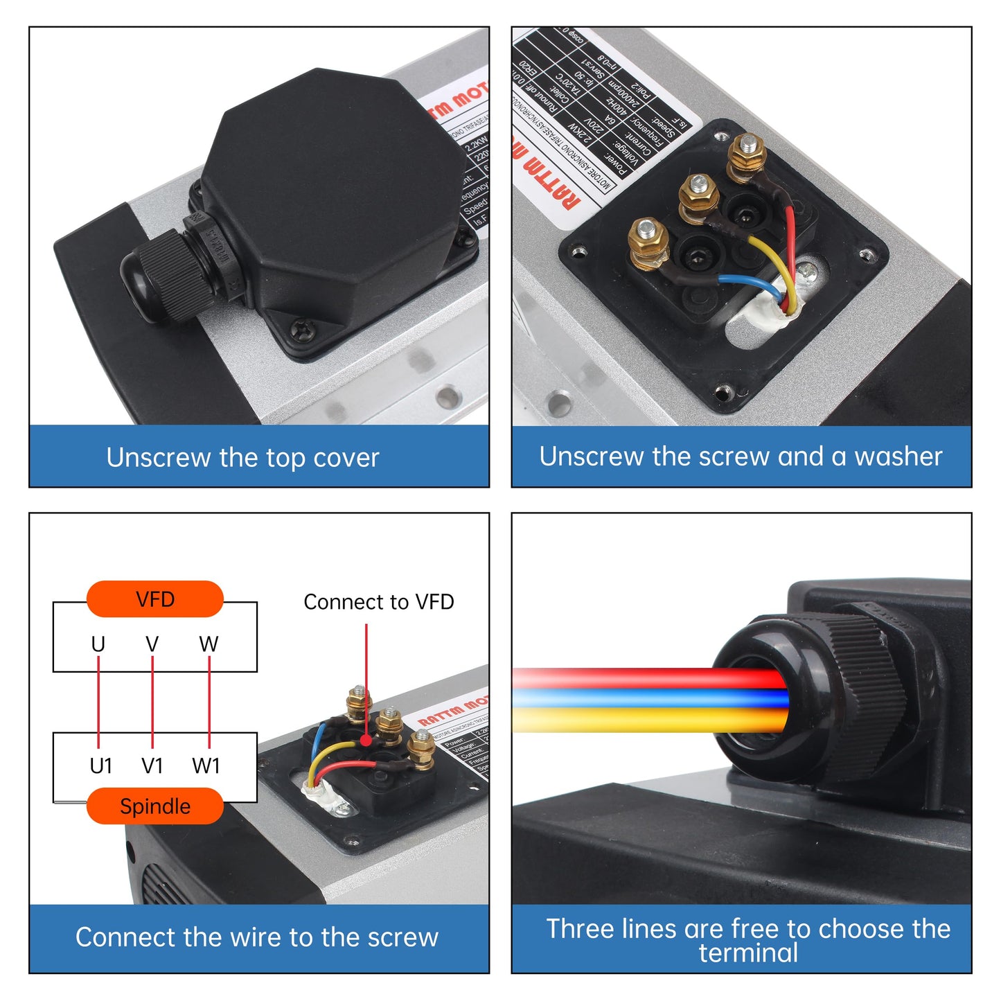 RATTMMOTOR 2.2KW Spindle Motor 220V Square Air Cooled ER20, 24000RPM High Speed Spindle 4 Bearings 3-Phase 6A 400Hz for CNC Router Engraver Milling Cutting Machine