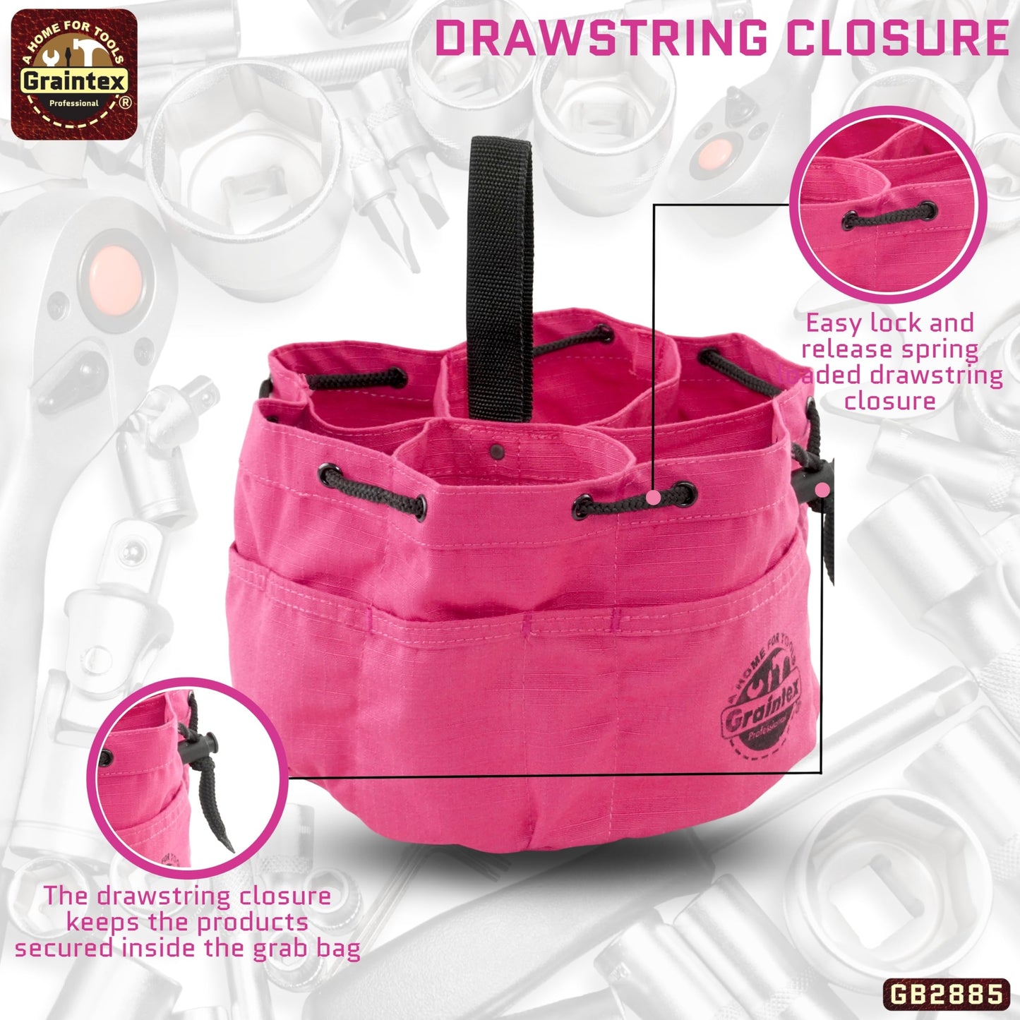 Graintex 18 Pockets Grab Bag Rip-stop Canvas Drawstring Closure, Small Part Organizer Pouch, Small Tools, Screws, Parts, Parachute Tool Bag for Efficient Storage - Pink