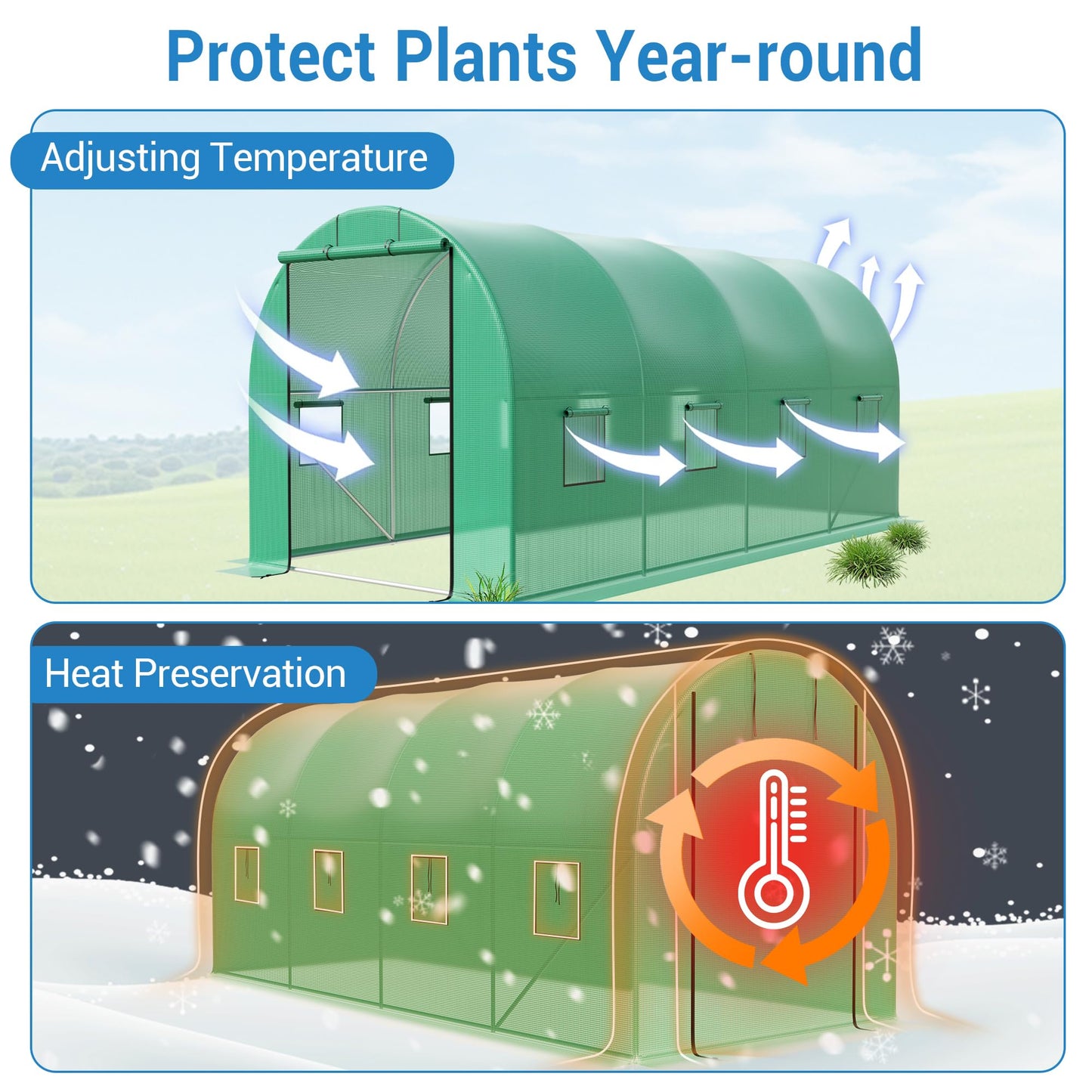 15x7x7 Ft Walk-in Tunnel Greenhouse for Outdoor Gardening - Heavy Duty Galvanized Steel Hoop House with Green PE Cover, Roll-Up Zipper Door & 8 Vent Windows, Plant Protection & Year-Round Growing