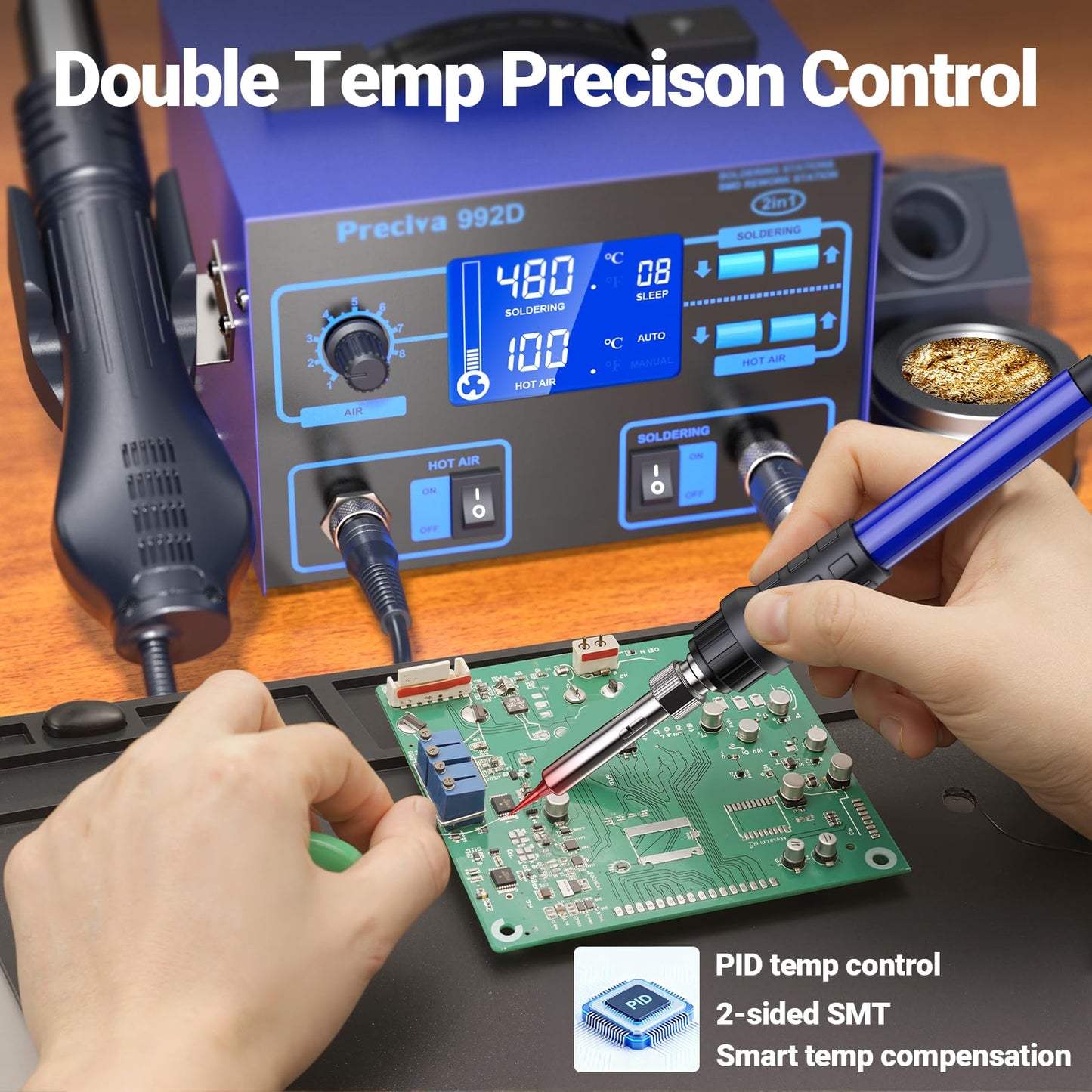 Preciva 992D 2-in-1 Soldering & Hot Air Rework Station with LCD Display – PID Temperature Control, Auto/Manual Hot Air Mode, Sleep Function for Iron, SMD Rework, Electronics Repair (750W)