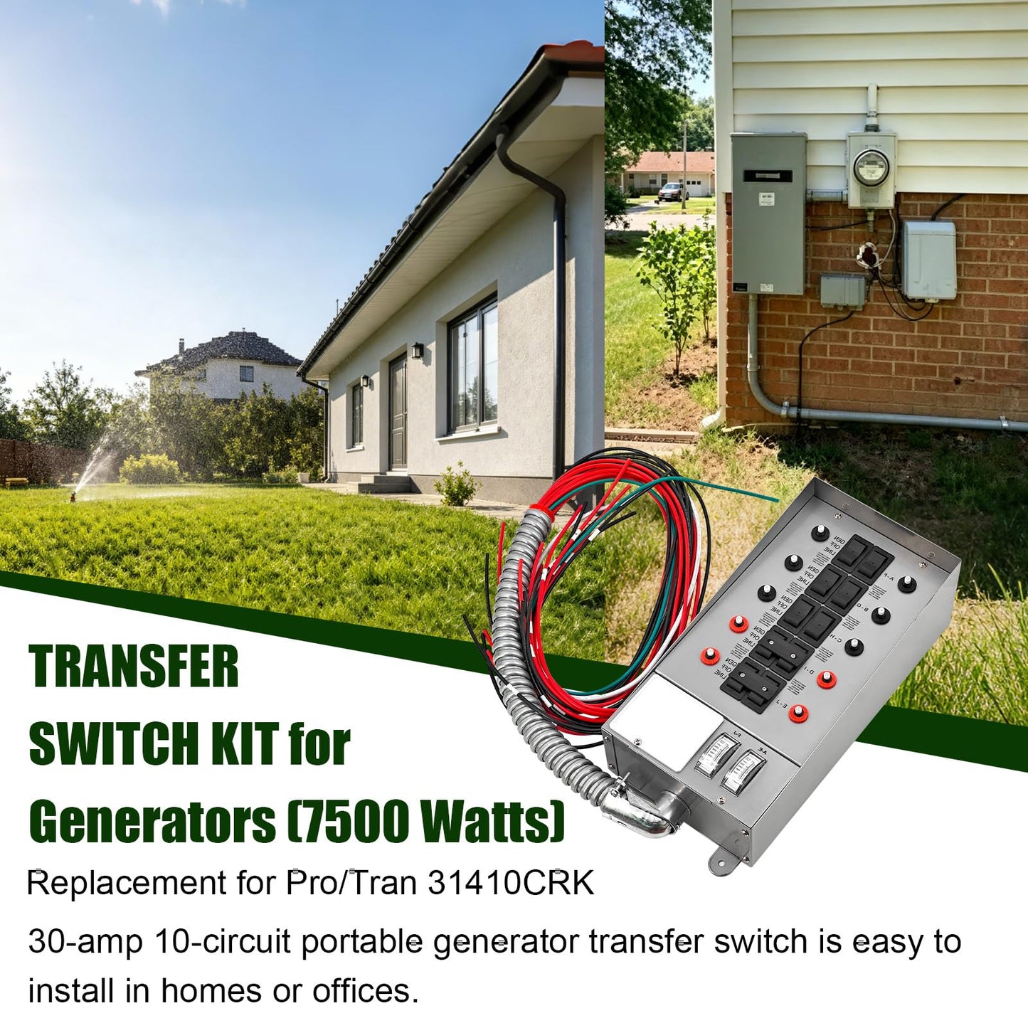 31410CRK 30 Amp 10-Circuit Generator Transfer Switch Kit 7500 Watts Replacement for Pro/Tran Include Weatherproof Inlet Box,18 Feet Hose,watt Meters,for Residential & Commercial Use 120V