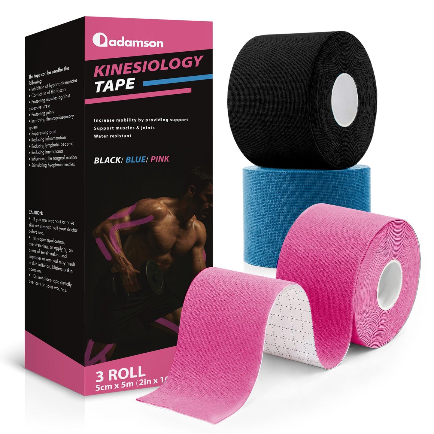 Adamson Kinesiology Tape – Sports & Athletic Tape 2 in x 16 ft – Elastic, Latex-Free, Water-Resistant Muscle Support Tape – 3 Rolls (Black, Blue, Pink) – for Training & Recovery