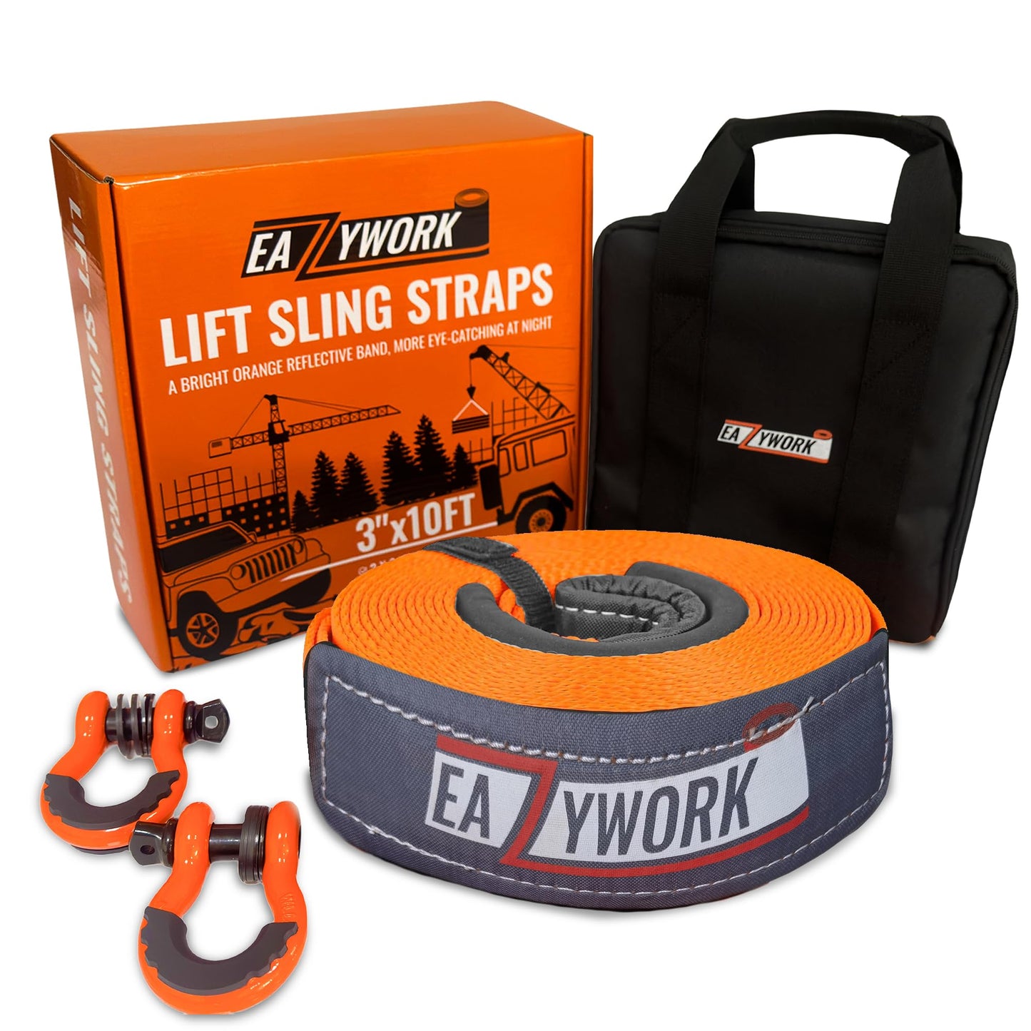 3”x10Ft Super Sturdy Lift Sling Straps 25000 Lbs Breaking Load Capacity Heavy Duty Lifting sling Crane Tree Saver Strap Recovery Straps Tow Strap Pull Hoist 2pcs 3/4 Robust D Ring Shackles+Storage Bag