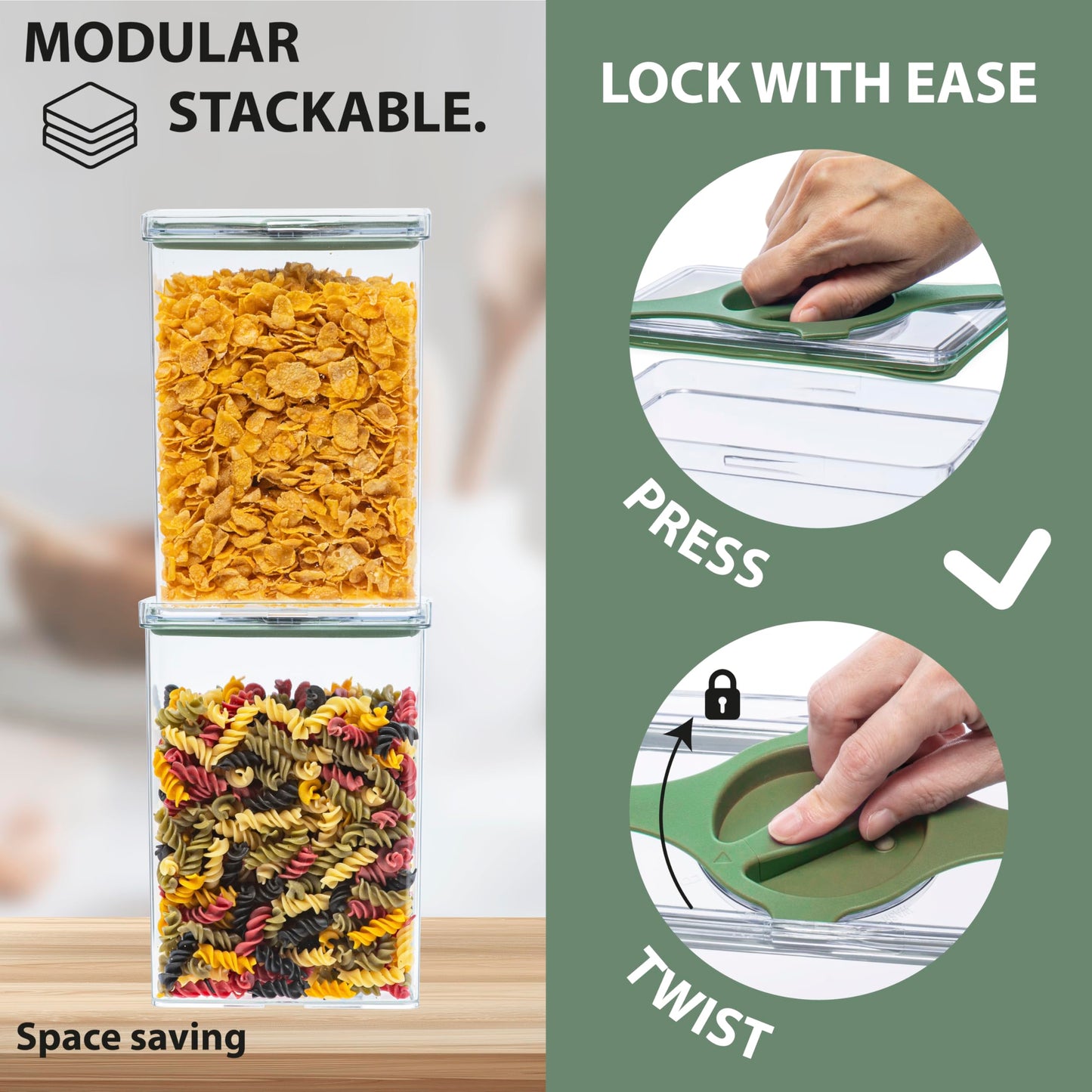 Prestoor Leakproof Food Storage Container Set with Twist-Lock Lids, 3-Pack BPA-Free Stackable Pantry Canisters for Sugar, Flour, Pasta, Snacks(0.8qt (3.2 Cup), 1.9qt (7.6 Cup), 3qt (12 Cup)- Green