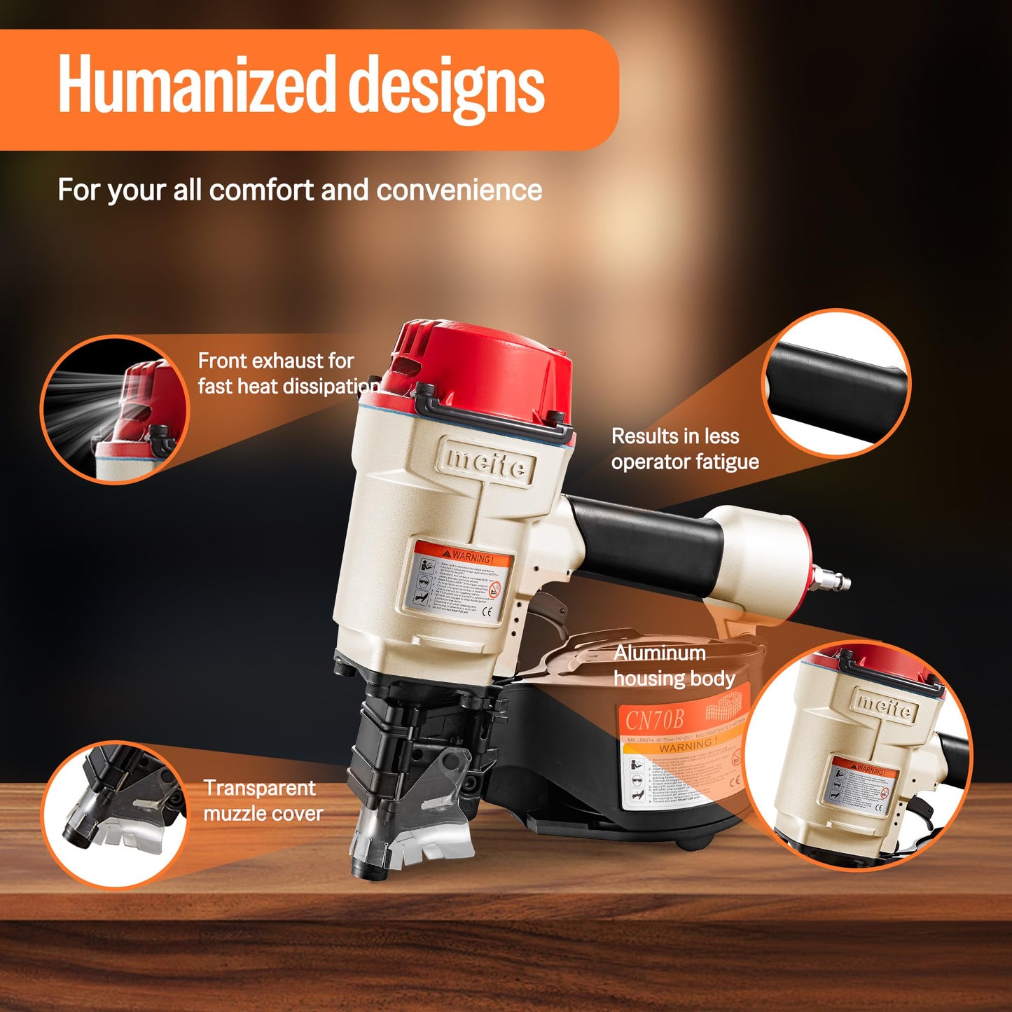 meite CN70B Pneumatic Coil Nailer 15/16 Degree 1-3/4 Inch to 2-3/4 Inch Air Nail Gun, Coil Nail Magazine 300PCS, Heavy Duty Pallet Framing Coil Nailer for Siding Sheathing Wooding Fencing Decking
