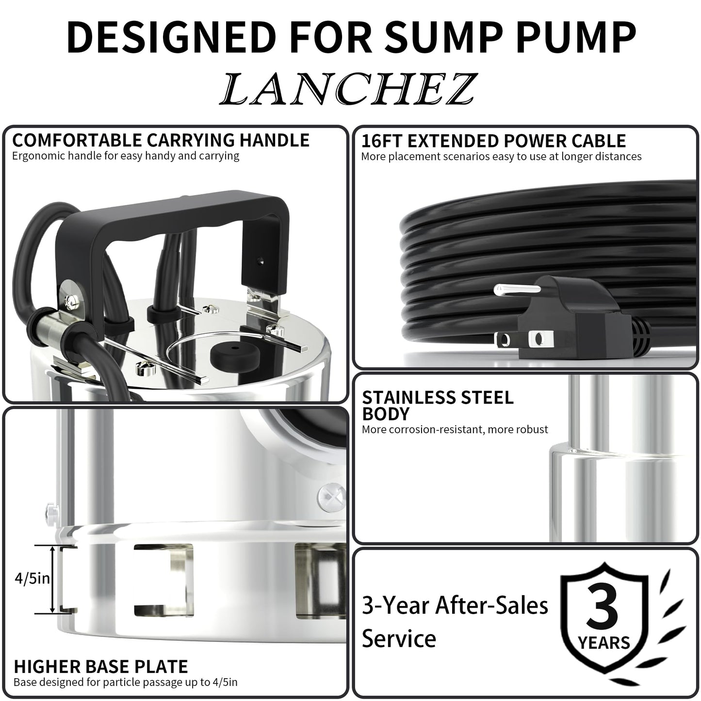 LANCHEZ 1.6HP 6000GPH Sump Pump, Stainless Steel High Flow Submersible Water Pump with Float Switch, Automatic Transfer Water Pump for Swimming Pool Basement Flooded Pit Sewage Sink Tub, Silver