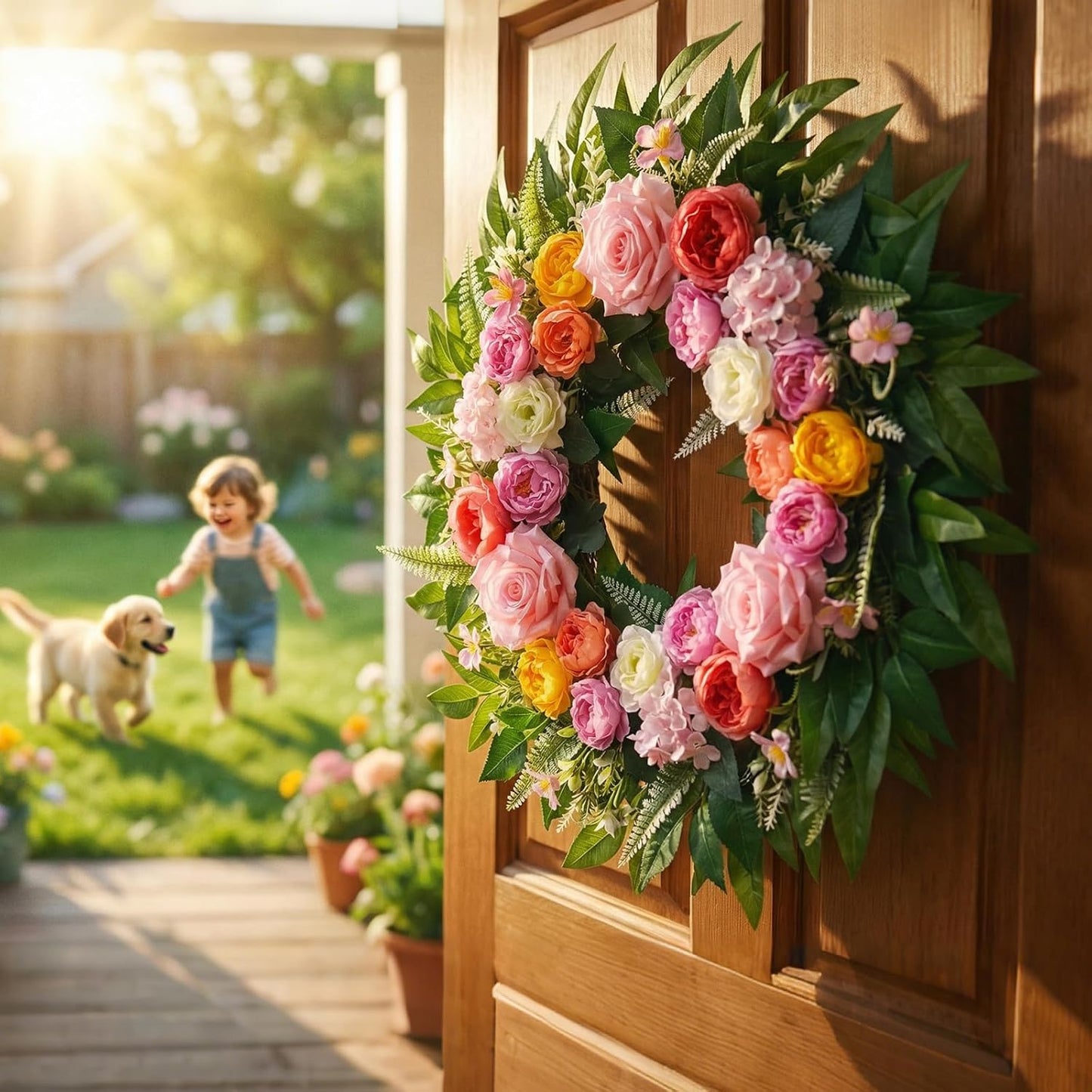Yastouay 24-Inch Summer Wreath - Realistic Rose Peony Floral Decor for Front Door & Patio
