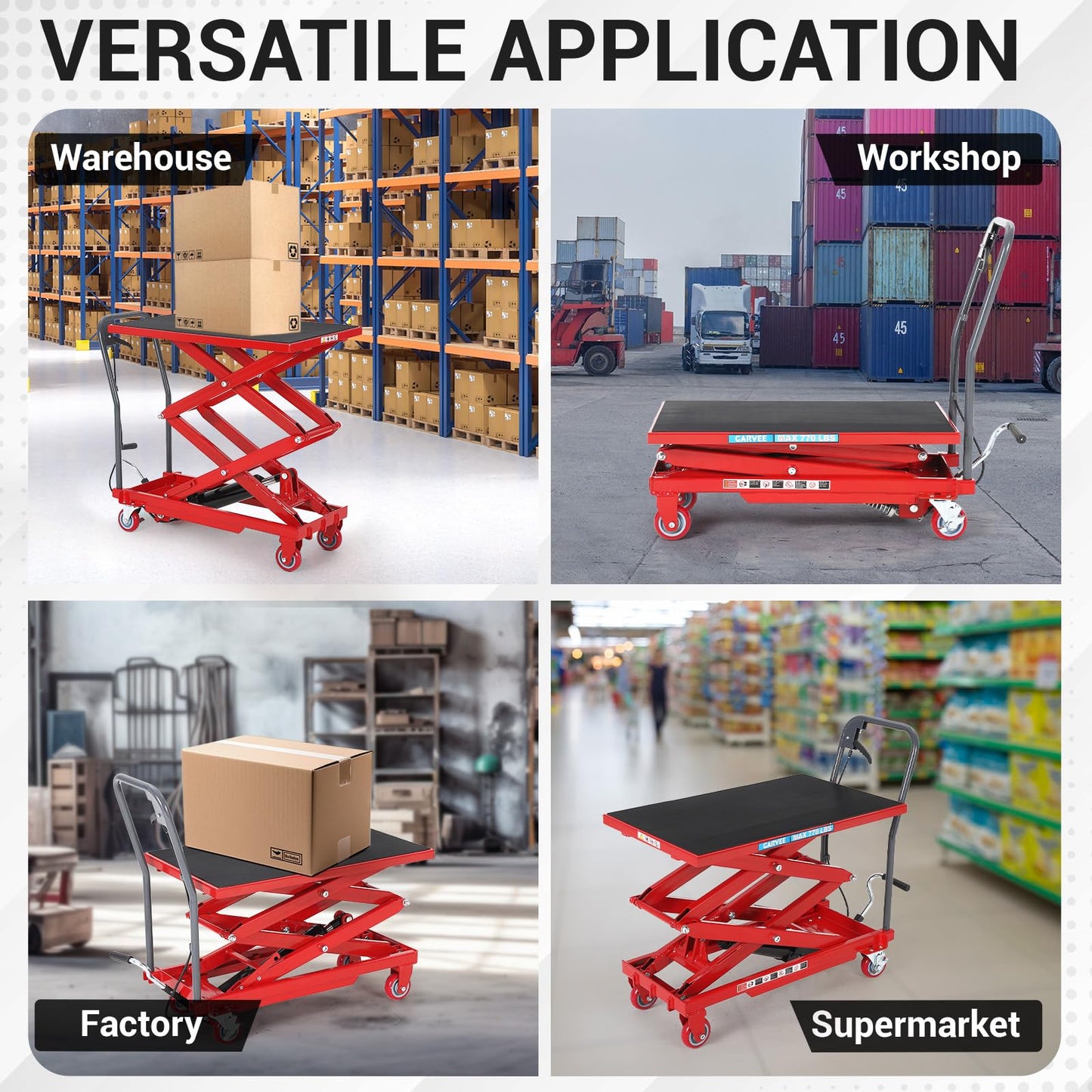Hydraulic Lift Table Cart, 770lbs Capacity 50" Lifting Height Hydraulic Table Cart, Double Scissor Lift with Non-Slip Pad for Material Handling and Transportation, Red