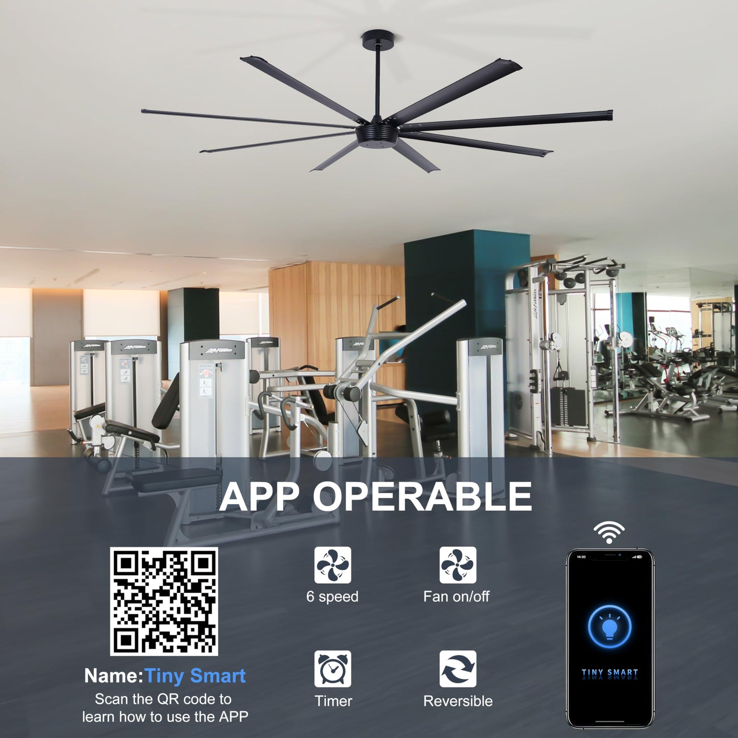 Ohniyou 96'' Industrial Ceiling Fan No Light - High CFM Large Metal Fan with 8 Aluminum Blades, Remote/APP Controlled, DC Motor, for Shop, Warehouse, Gym, Black