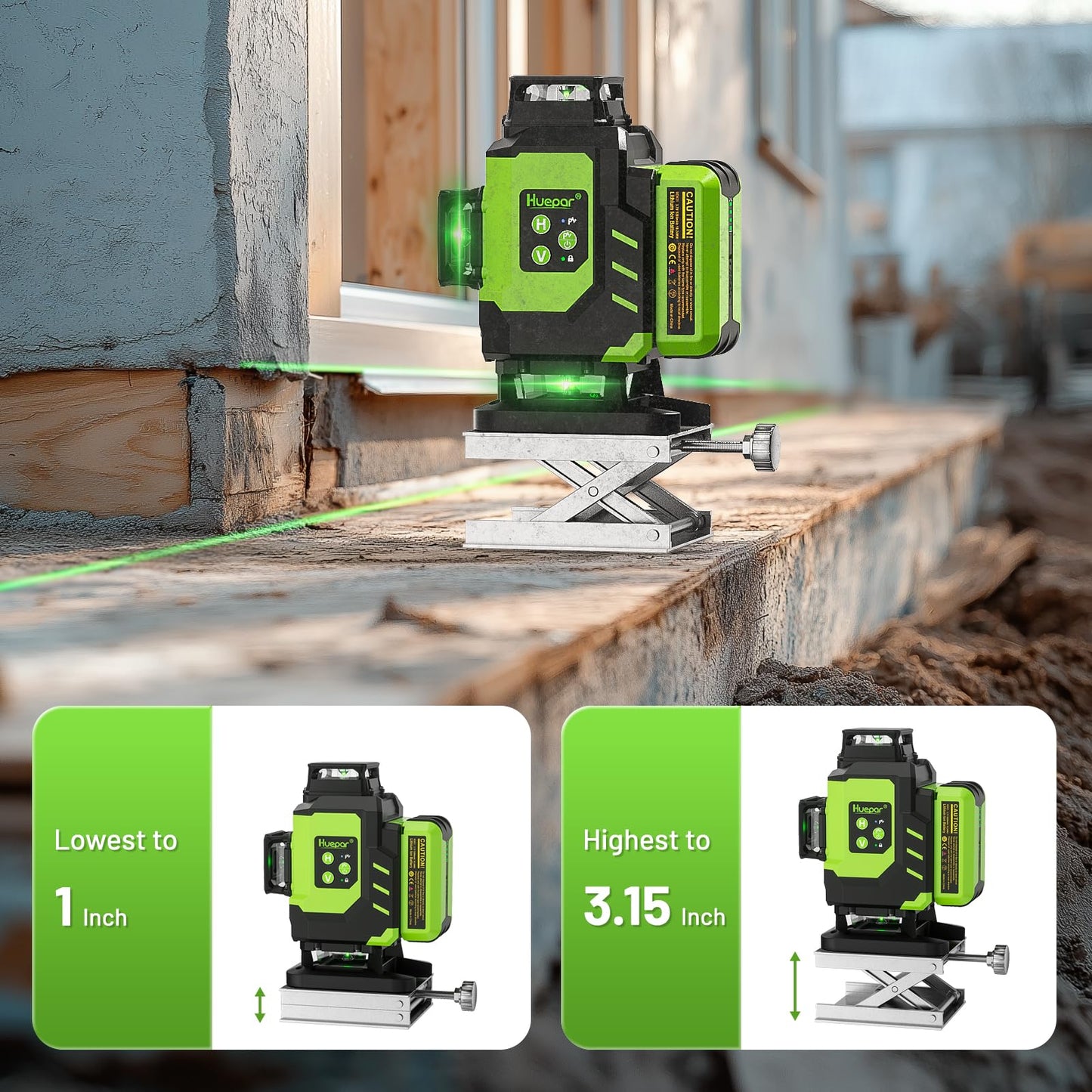 Huepar Laser Level 360 Self Leveling, Rechargeable Green Laser 4x360° Cross Line Lazer Leveler 4D Level Laser Tool for Construction with Two Li-ion Batteries, Magnetic Bracket &Hard Carry Case -LS04CG
