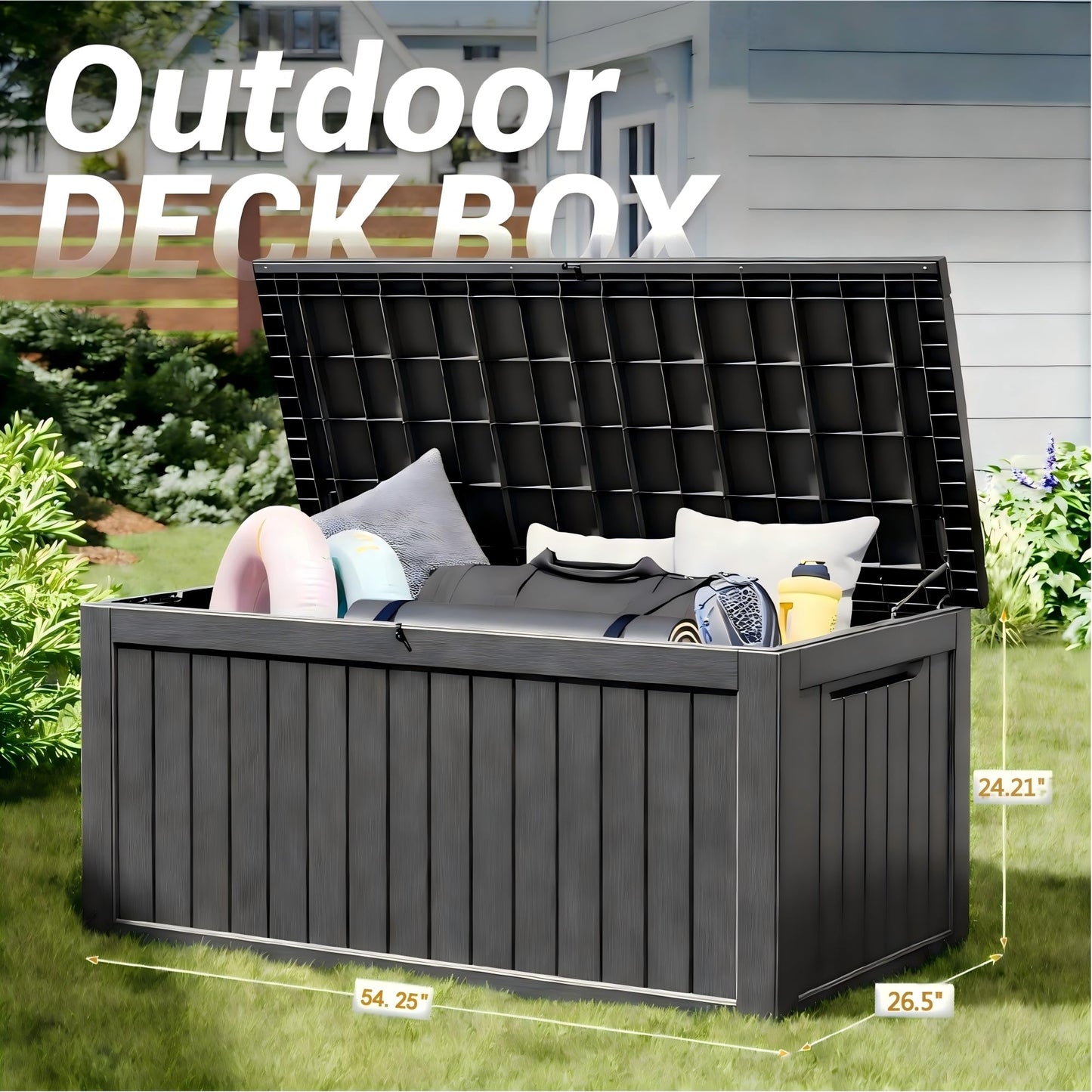 WTFGO 150 Gallon Outdoor Storage Box, Resin Deck Boxes Outdoor Waterproof For Patio Furniture, Garden Tools, Pool Supplies, Lockable And UV Resistant (Striped Black)