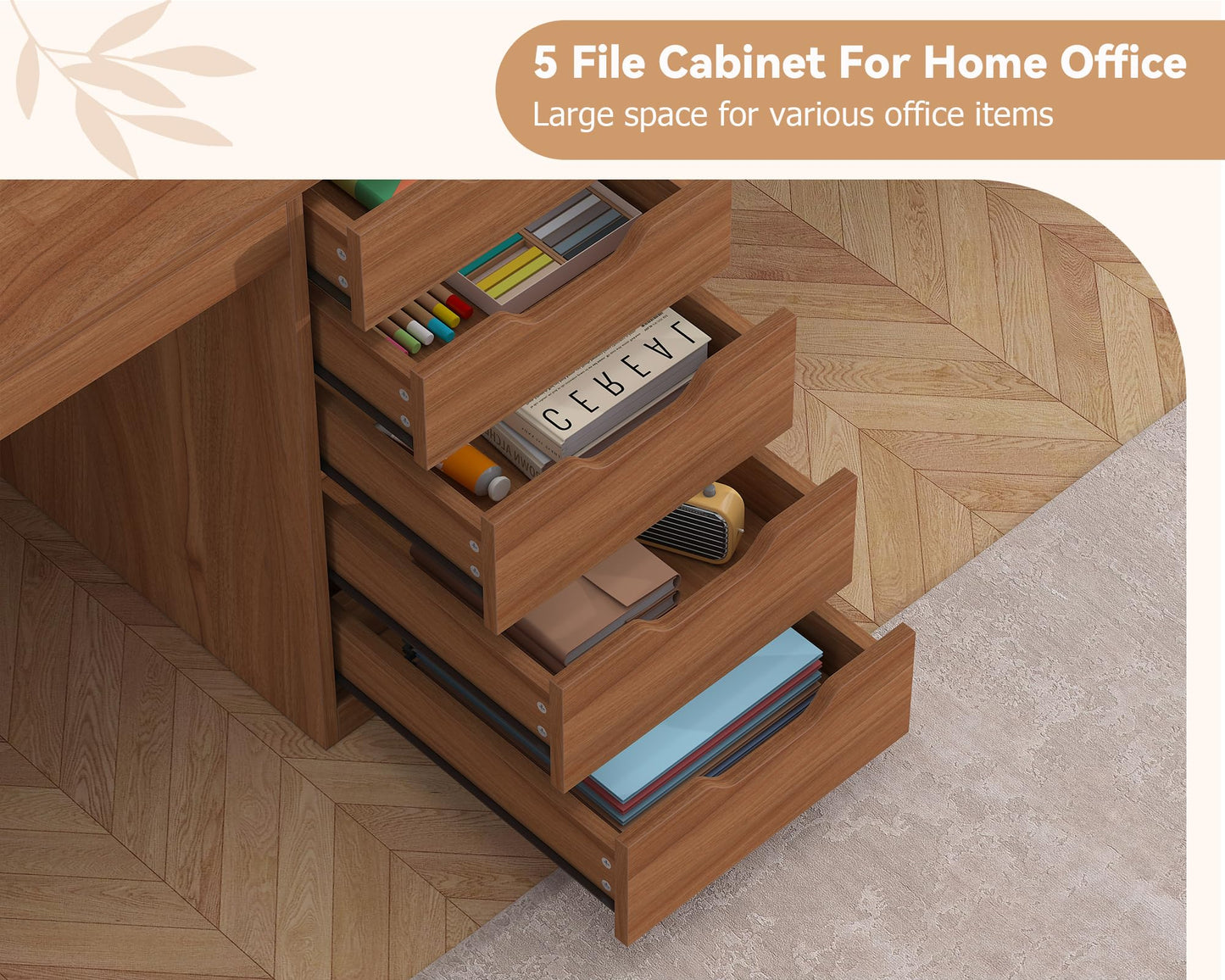 YOMILUVE 2 Person Desk with 5 Drawers and Power Outlets, 78.7 Inch Long Computer Desk with Storage File Cabinet, Two Person Home Office Double Desk with Storage, Brown