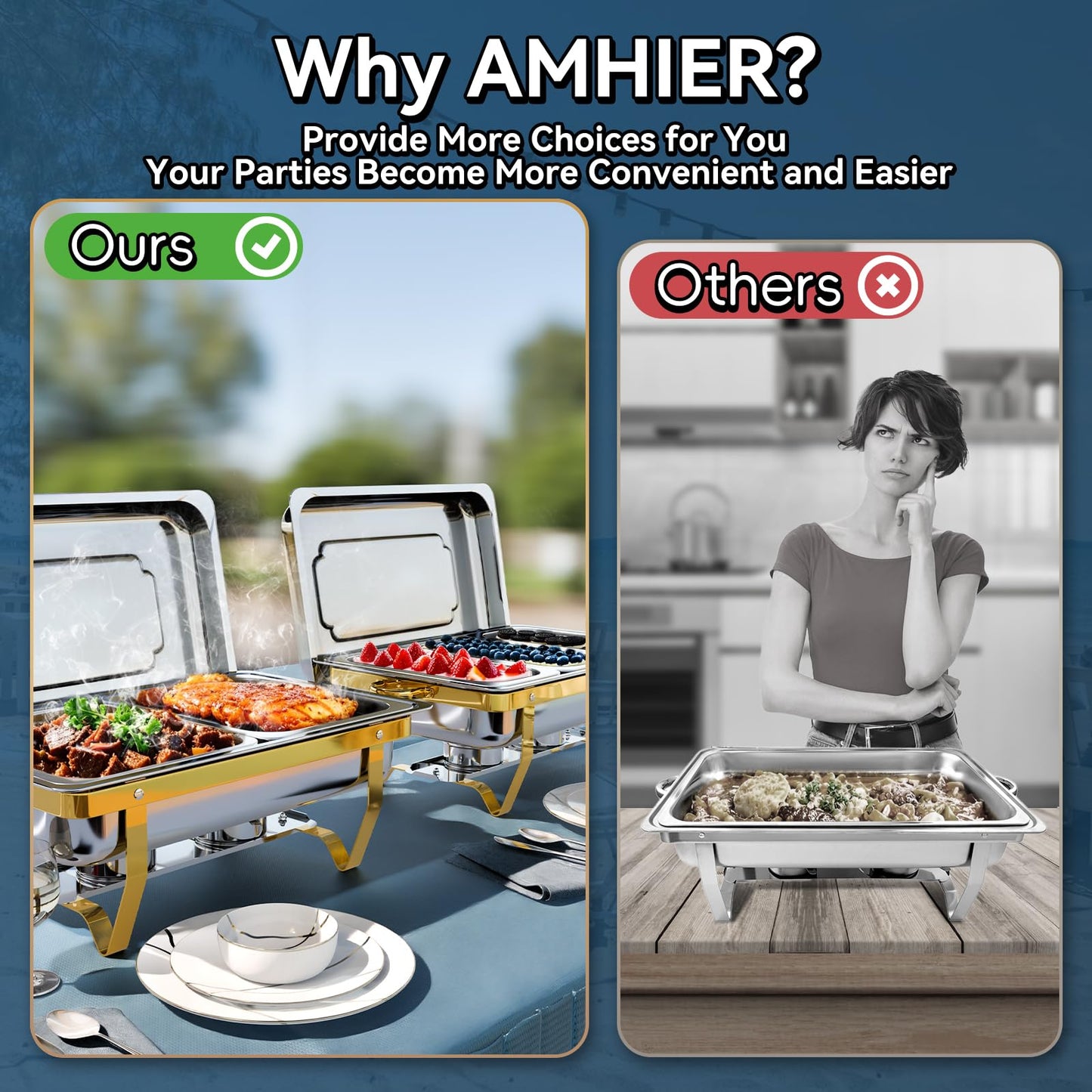Amhier Chafing Dishes for Buffet 9Qt 4 Pack [Multiple Food Pans Combo] | [Sturdy and High Grade] Stainless Steel Chafing Dishes for Weddings, Parties & Festival, Gold