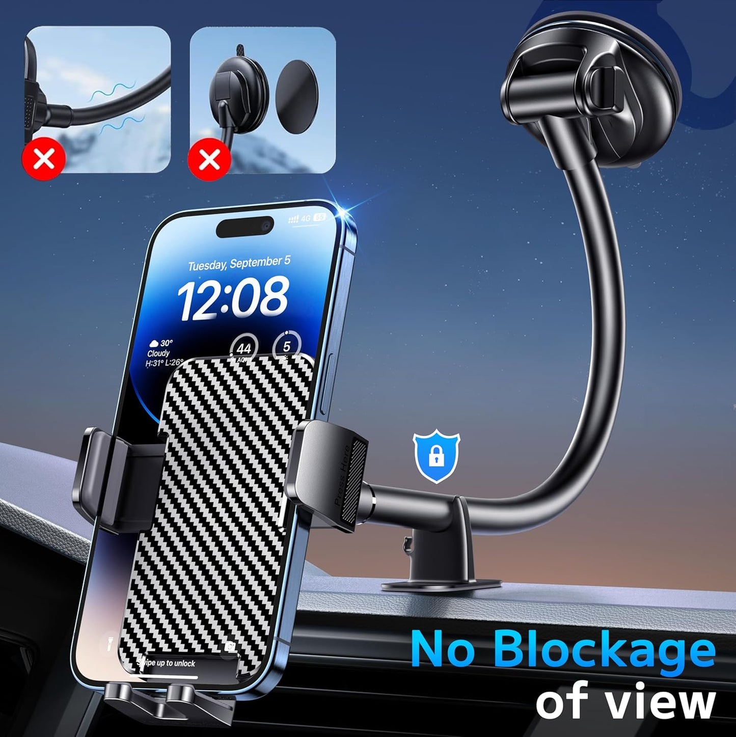 BIPOPIBO Phone Holders for your Car [Long Flexible Neck] Car Phone Mount [Anti-Shake Stabilizer] Cell Phone Holder Car