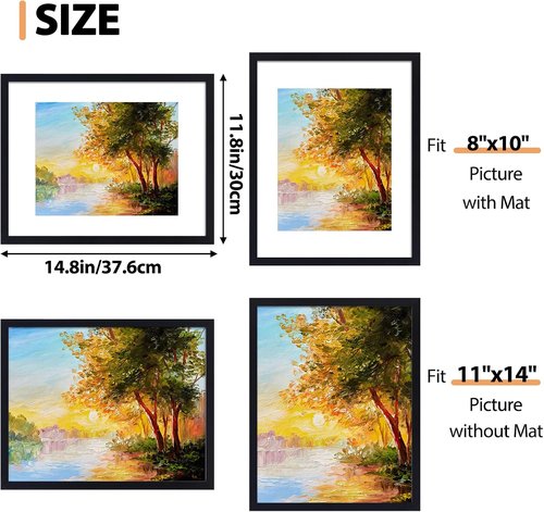 Fixwal 11x14 Picture Frame Set of 2 - Black Wall & Tabletop Frames with Mat for 8x10 Photos