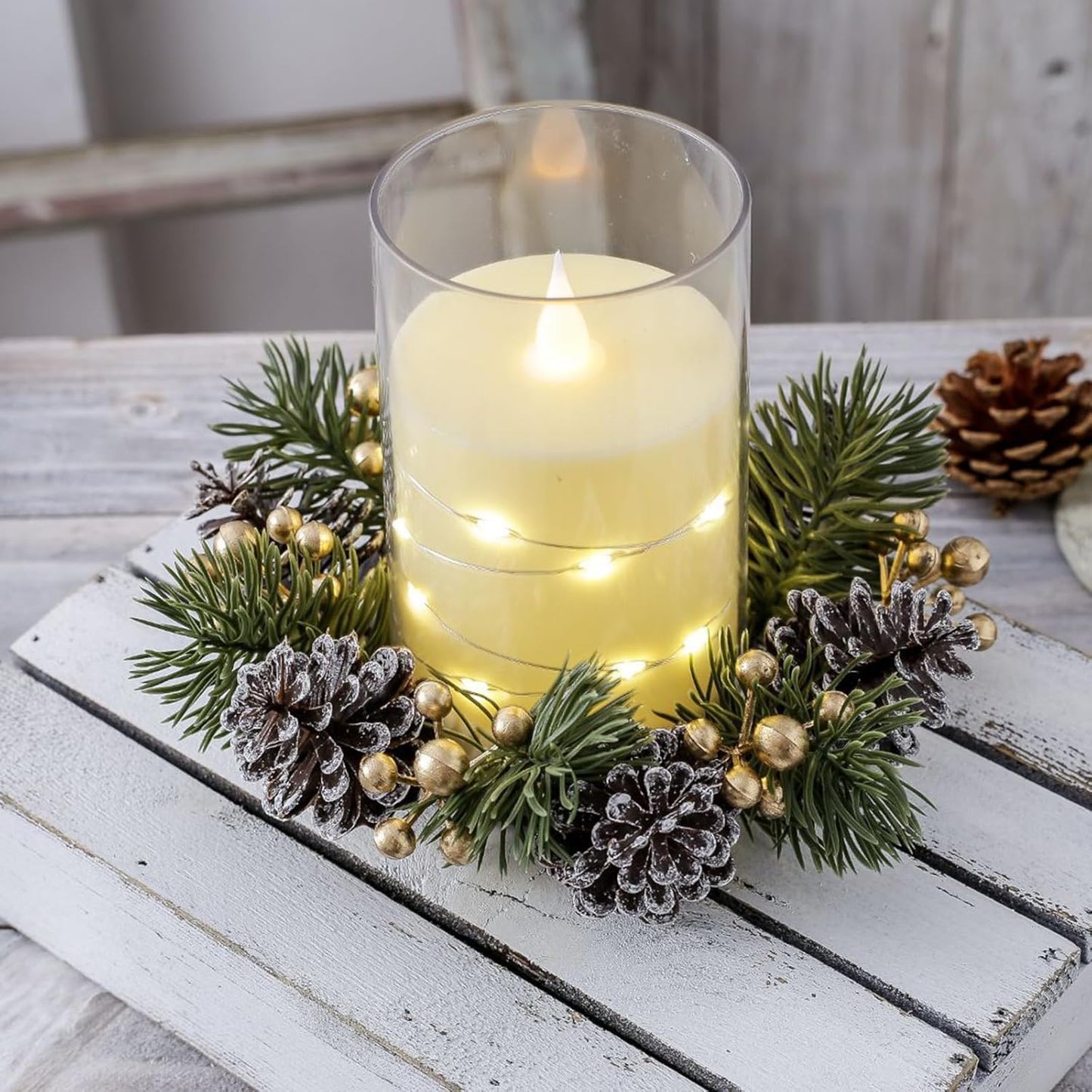 Regine Switzerland Christmas Candle Rings - Elegant Gold Berries & Pinecones | 2-Piece Winter Decor Set