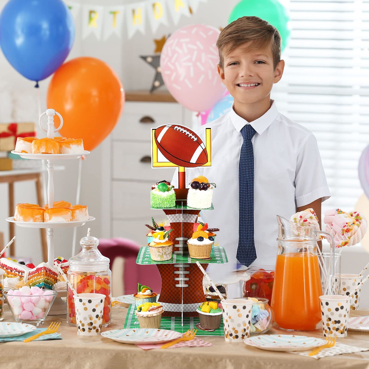 Nuenen Football Theme Party Cupcake Stand Decorations, 3 Tier Cupcake Concession Tower Sports Theme Birthday Dessert Stand Holder for Sports Tailgate Party Supplies Decoration (Football)