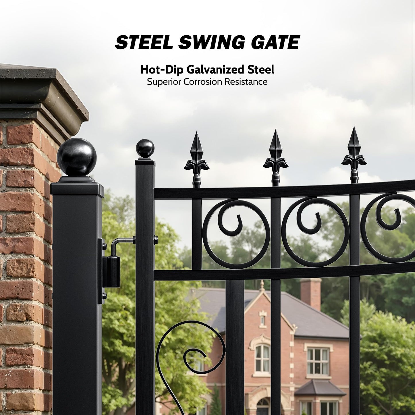 ZUMI Dual Swing Driveway Gate, 16x6 ft Heavy-Duty Galvanized Steel Security Gate Kit for Home Garden Yard & Family Safety, Outdoor Arched Swing Gate with Scrollwork & Gold-Tone Finials