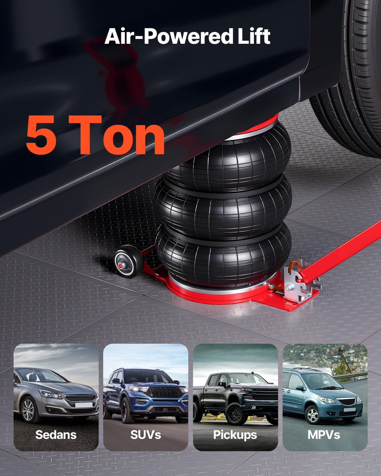 VEVOR Air Jack, 5 Ton/11023 lbs Triple Bag Air Jack, Airbag with Six Steel Pipes, Lift Up to 18.3 inch/464 mm, 4-10 s Fast Lifting Pneumatic with Adjustable Long Handle for Cars, SUVs, Pickup Trucks