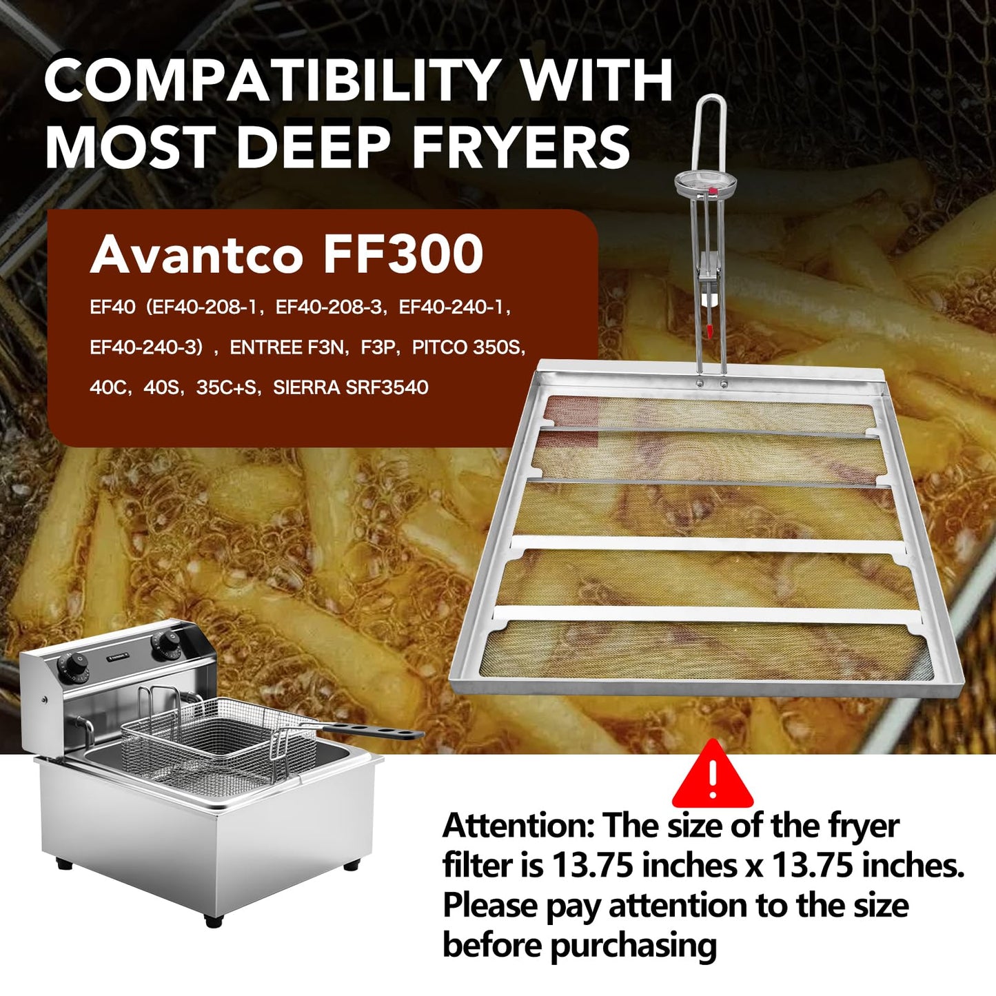 ZUCCIO Commercial 13.75 x 13.75 inch stainless steel fryer filter -550 micron mesh can replace Frymat TK45 fryer - compatible with Avantco and Pitco fryers - extends the life of cooking oil by 40%