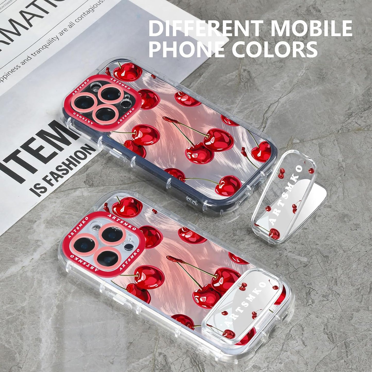ARTSMKO 11, (11) Super Shiny Cute Red Cherry Phone Case: Fashion Mirror Bracket & Fruit Design Compatible with iPhone