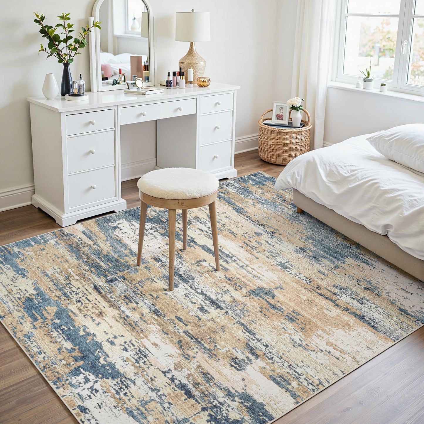 Area Rugs 5x7 Living Room: Large Soft Washable Rug Modern Abstract Anti-Skid Non-Shedding Carpet Indoor Floor Thin Carpets for Bedroom Dining Room Farmhouse Nursery Home Office Brown Blue