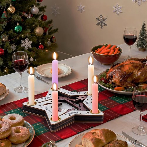 Advent Wreath Candle Holder - Wooden Nativity Scene with 5-Hole Star Design | Perfect Christian Table Centerpiece