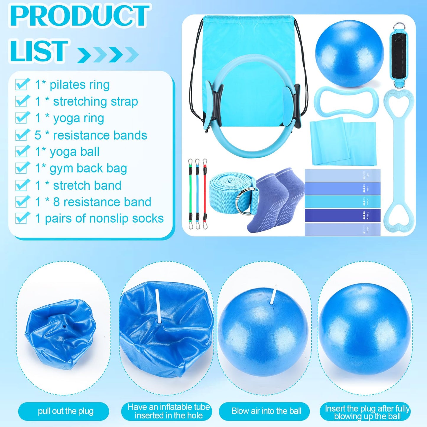 RoundFunny Pilates Ring Circle Set 18 Pcs Exercise Equipment Accessories for Women Workouts Pilates Ball Stretching Strap Magic Circle Yoga Ring Gym Back Bag Resistance Band Anti Slip Socks (Blue)