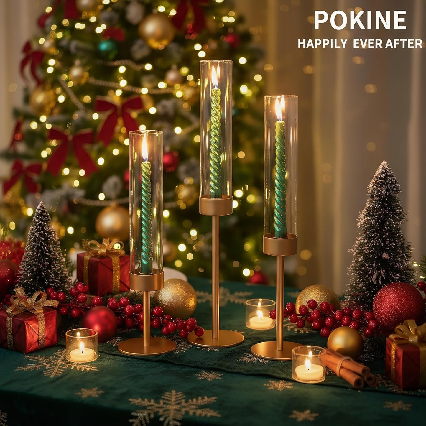POKINE Tall Candle Holders - Set of 3 Hurricane Glass Taper Holders for Weddings & Parties