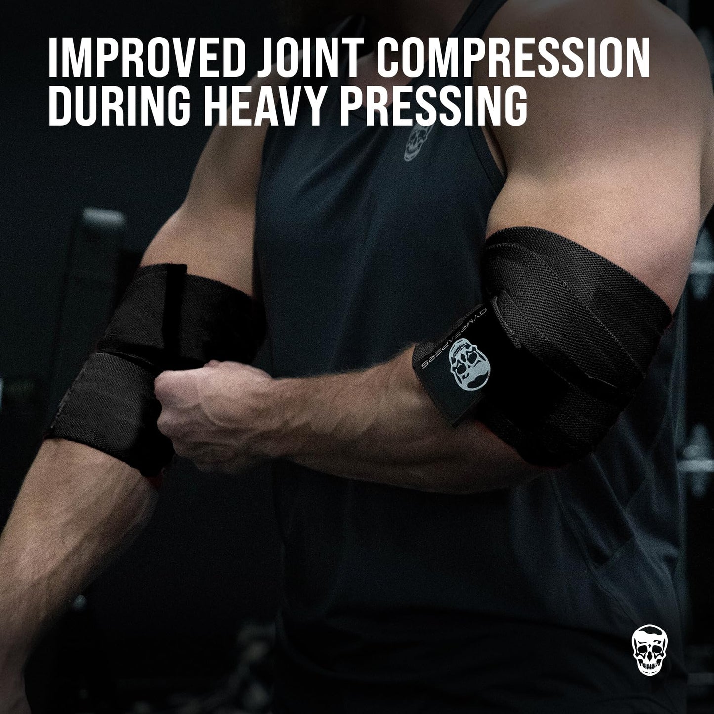 Gymreapers Weightlifting Elbow Wraps (1 Pair) - Flexible 40'' Elbow Compression Strap & Joint Support Brace - For Bench Press, Powerlifting, and Pressing (Black)