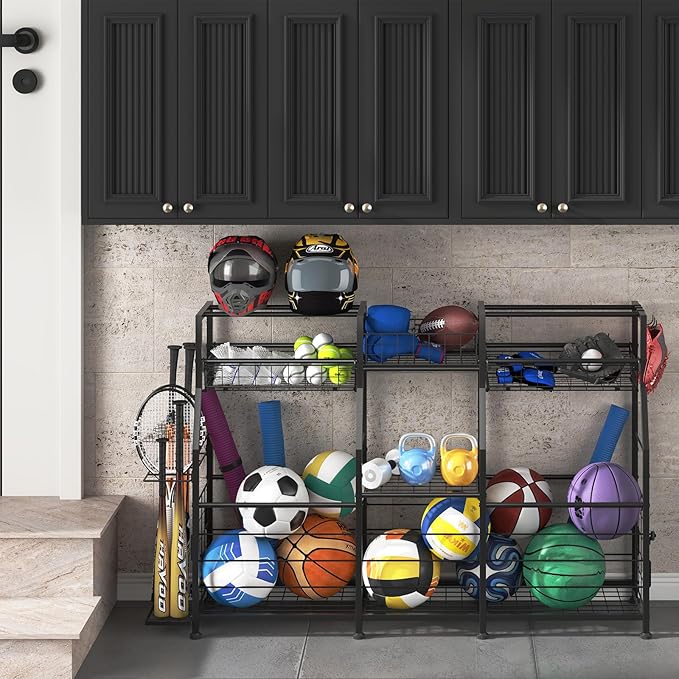 Garage Sports Equipment Organizer - Ball Storage Rack with Elastic Rope or Wire Mesh,Garage Organizer System with Wheels,Indoor/Outdoor Sports Rack for Sports Gear and Toys Storage,Black
