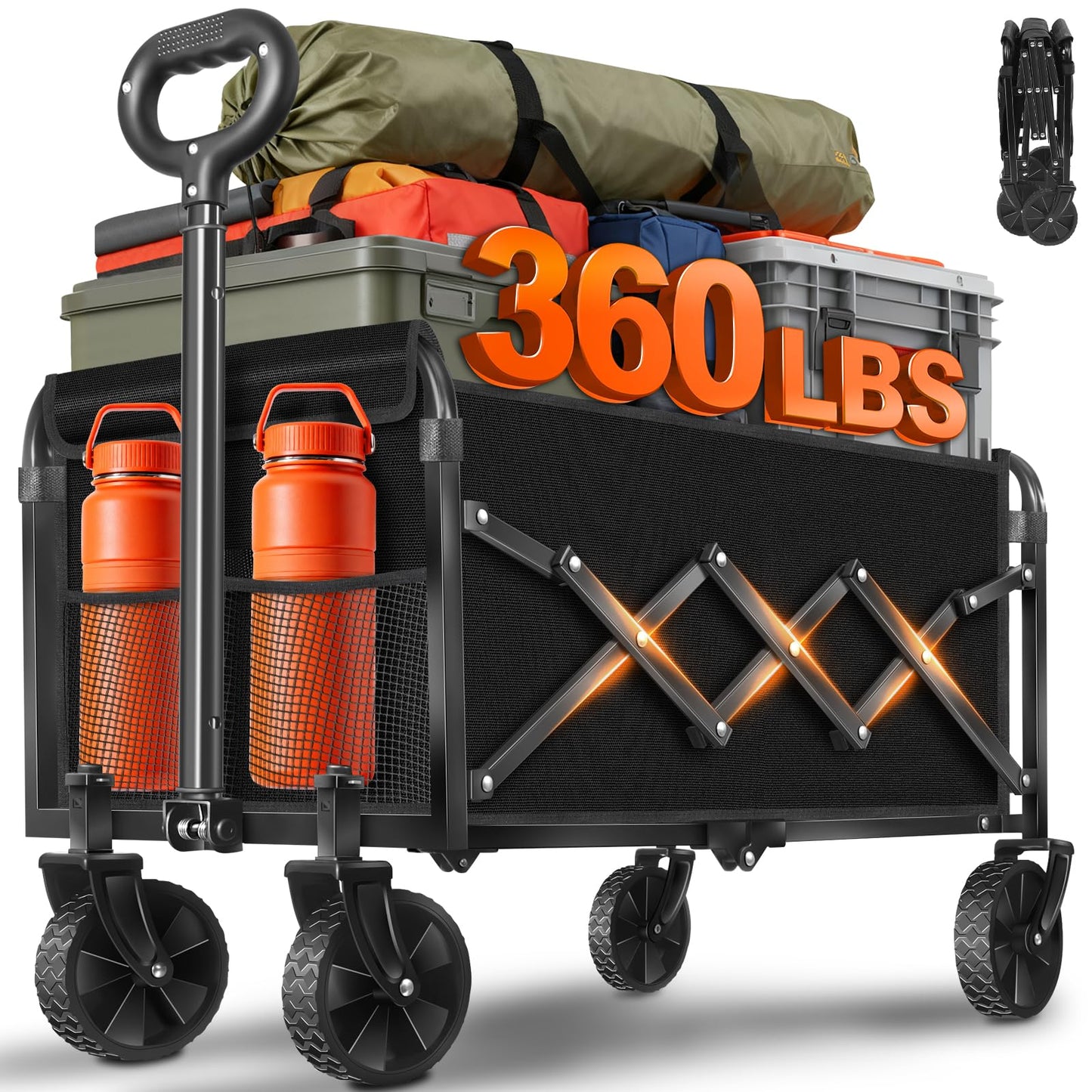 Wagons Carts Foldable - Portable Folding Collapsible Wagons with Wheels - Heavy Duty Utility Carts for Groceries, Shopping, Camping, Sports, Garden，Beach - Black