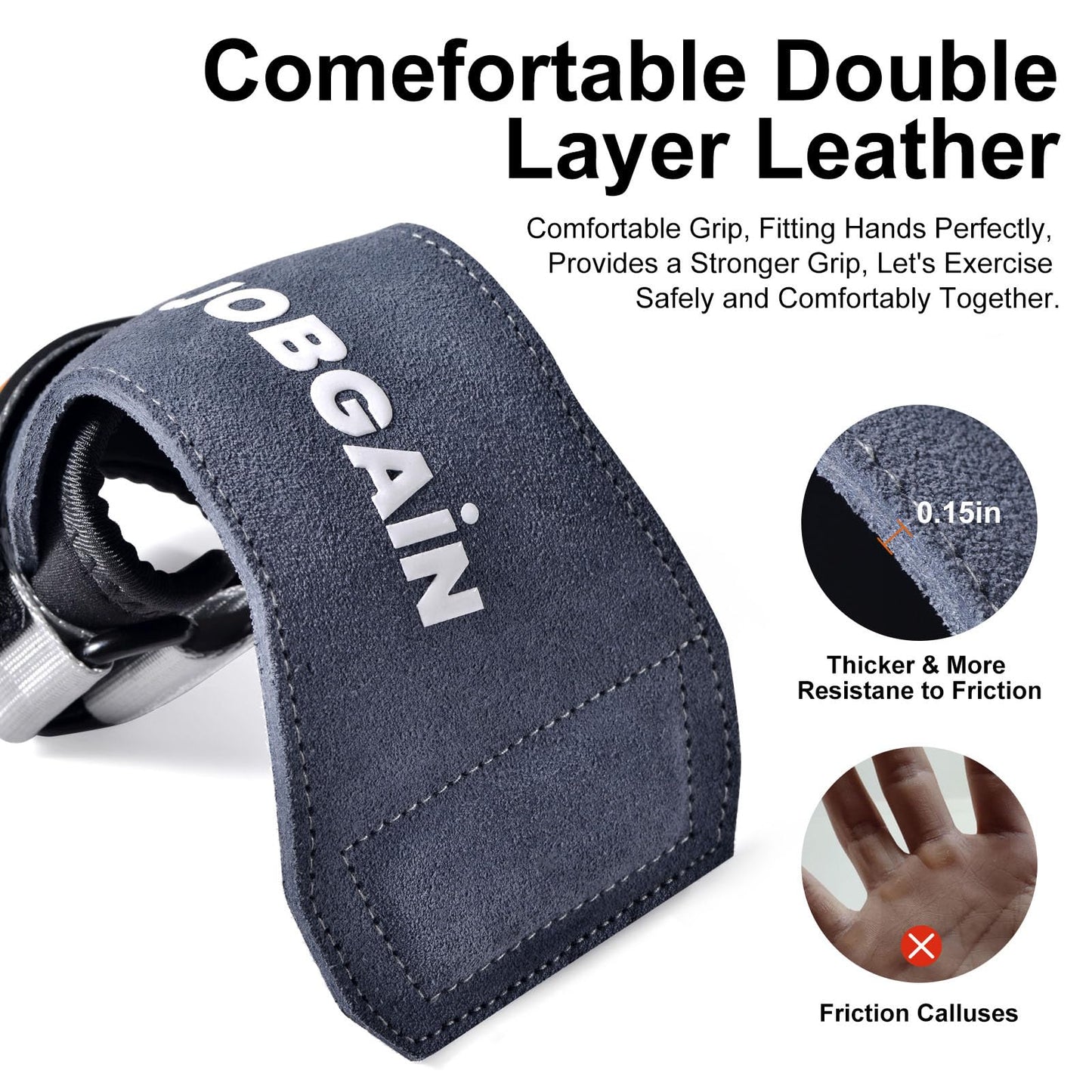 JOBGAIN Weight Lifting Wrist Straps, Double Layer Leather Wrist Strap for Deadlift and Powerlifting, Adjustable Neoprene Padded Wrist Wraps, for Men & Women, 1 Pair, Grey