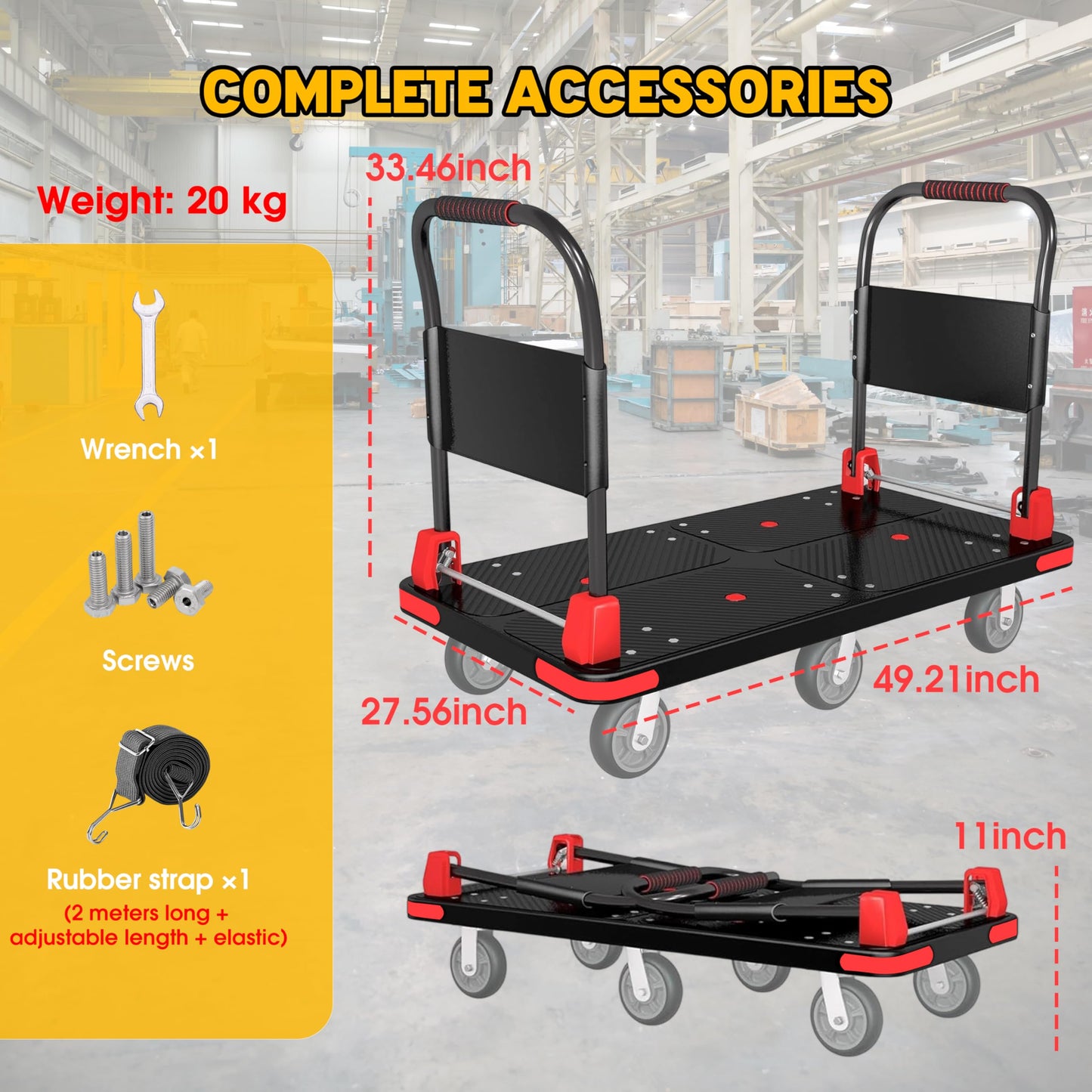 Platform Trucks Flatbed Cart Heavy Duty with 2 Handrails & 6 Rubber Wheels, Flat Dolly 2000lbs Capacity with Bungee Cord, 49.2"x27.56" Folding Hand Cart for Moving Furniture/Office/Warehouse/Garage