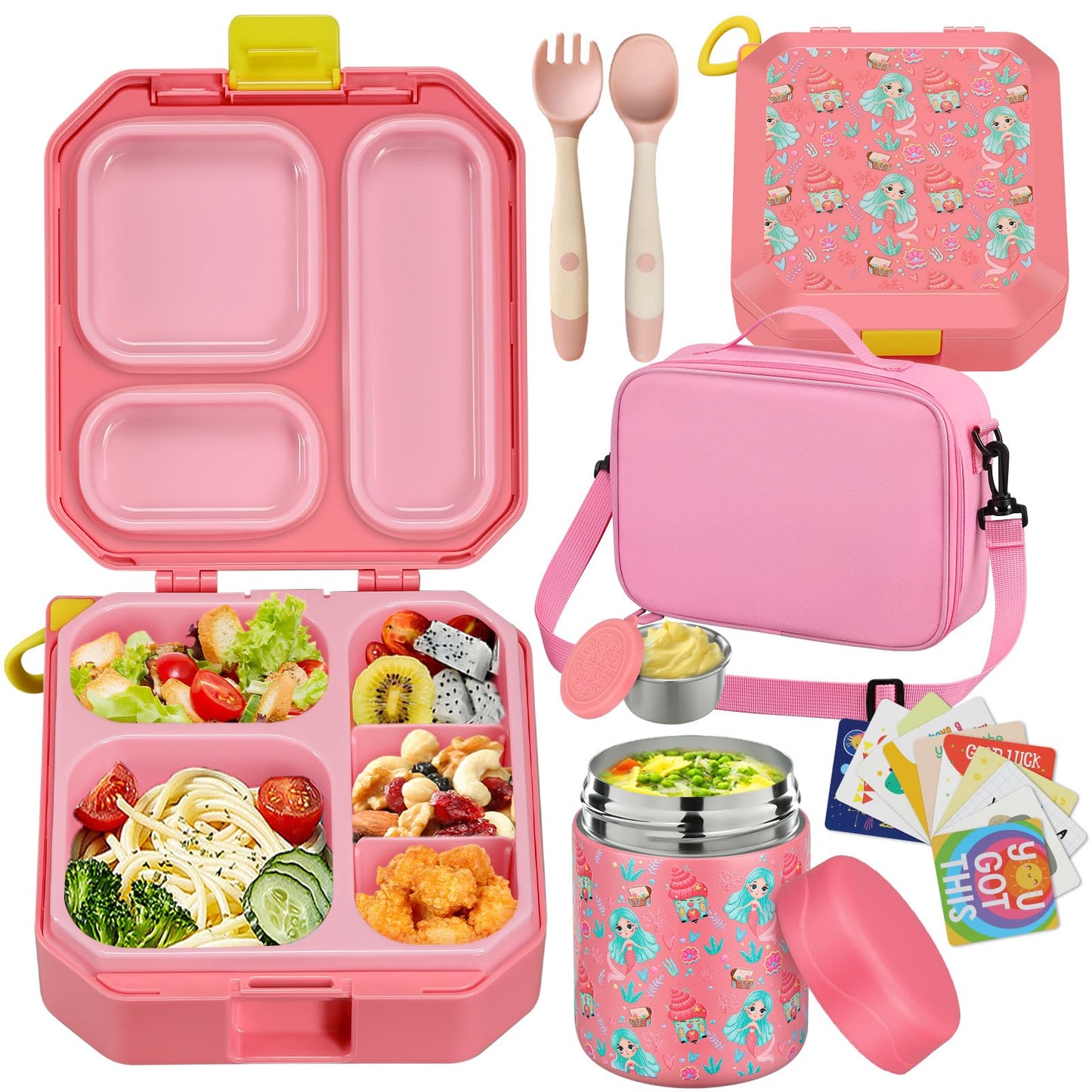wiwens Bento Lunch Box for Kids with 12oz Soup Thermo Leak-Proof Lunch Food Container with 5 Compartment Thermo Hot Food Jar and Insulated Lunch Bag for Kid Toddler Girls Boys to School